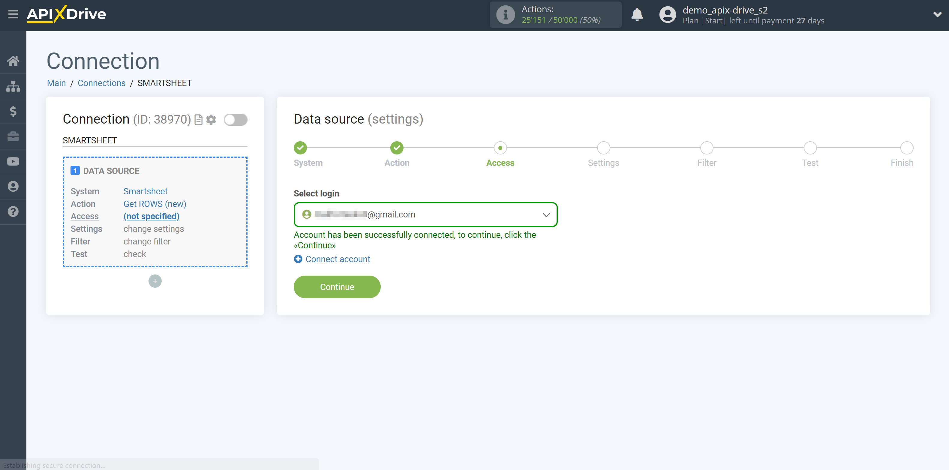 How to Connect Smartsheet as Data Source | Account selection