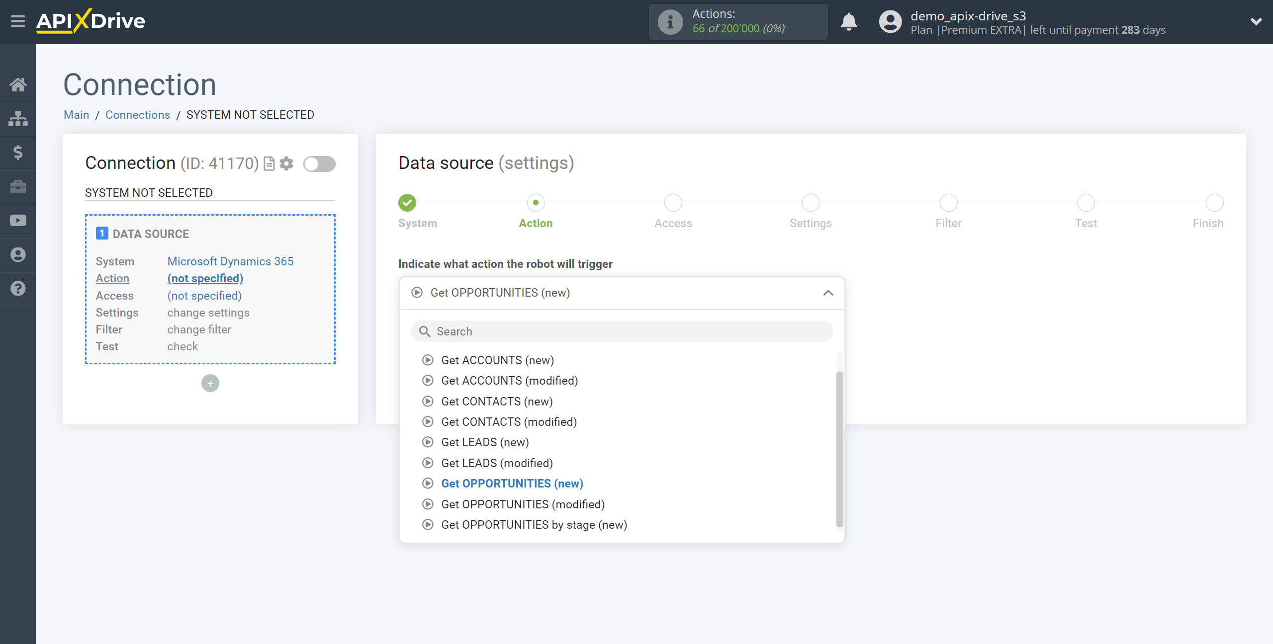 How to Connect Microsoft Dynamics 365 as Data Source | Action selection