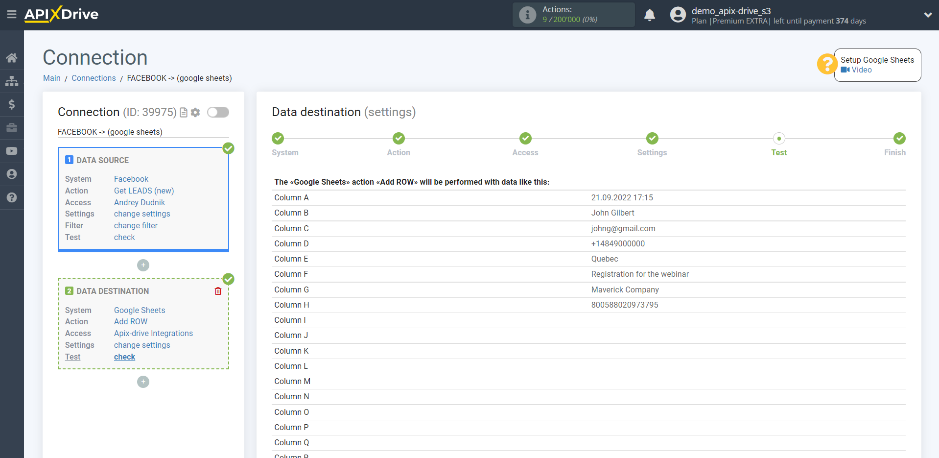 How to Connect Google Sheets as Data Destination | Test data