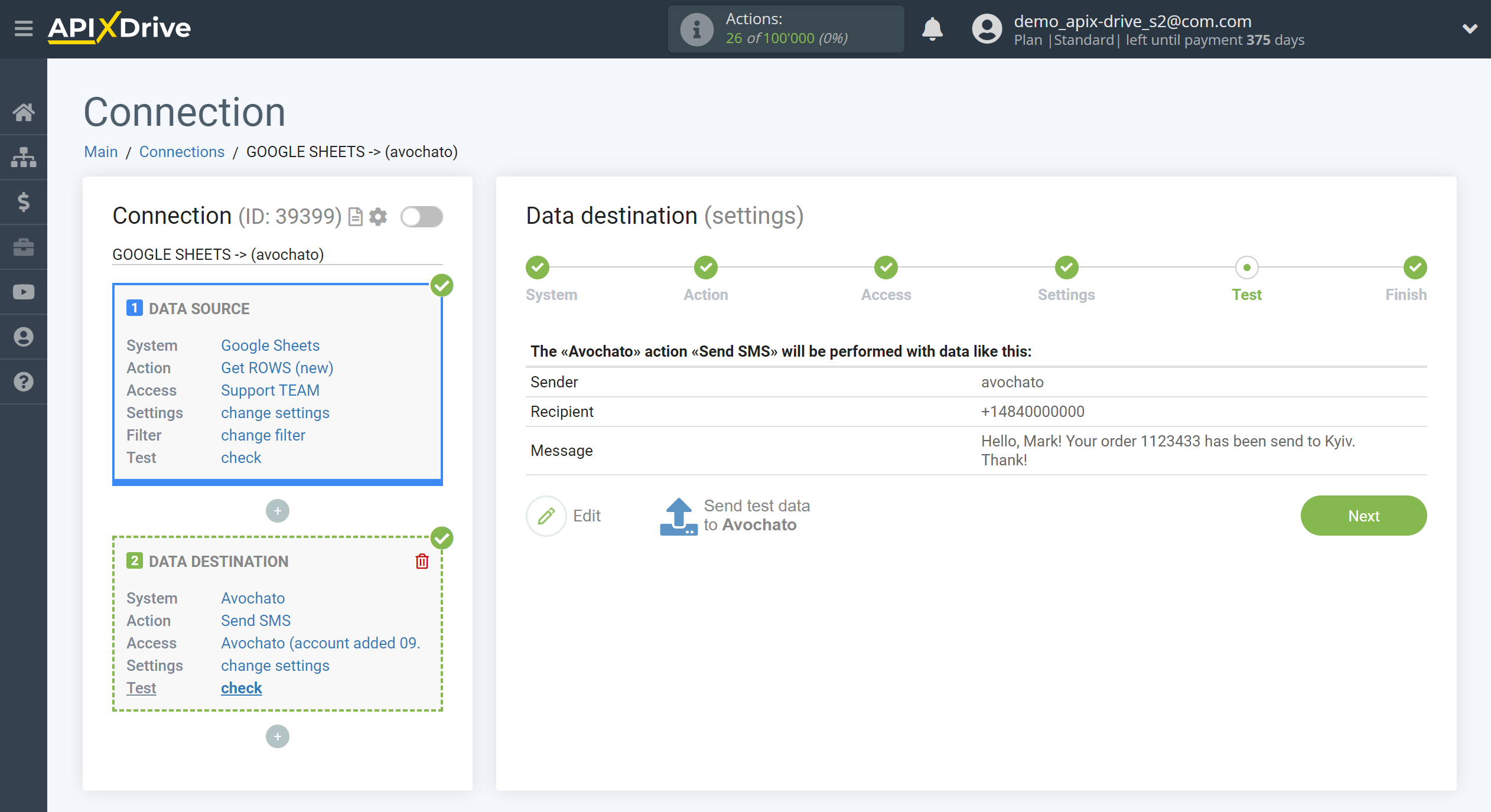 How to Connect Avochato as Data Destination | Test data