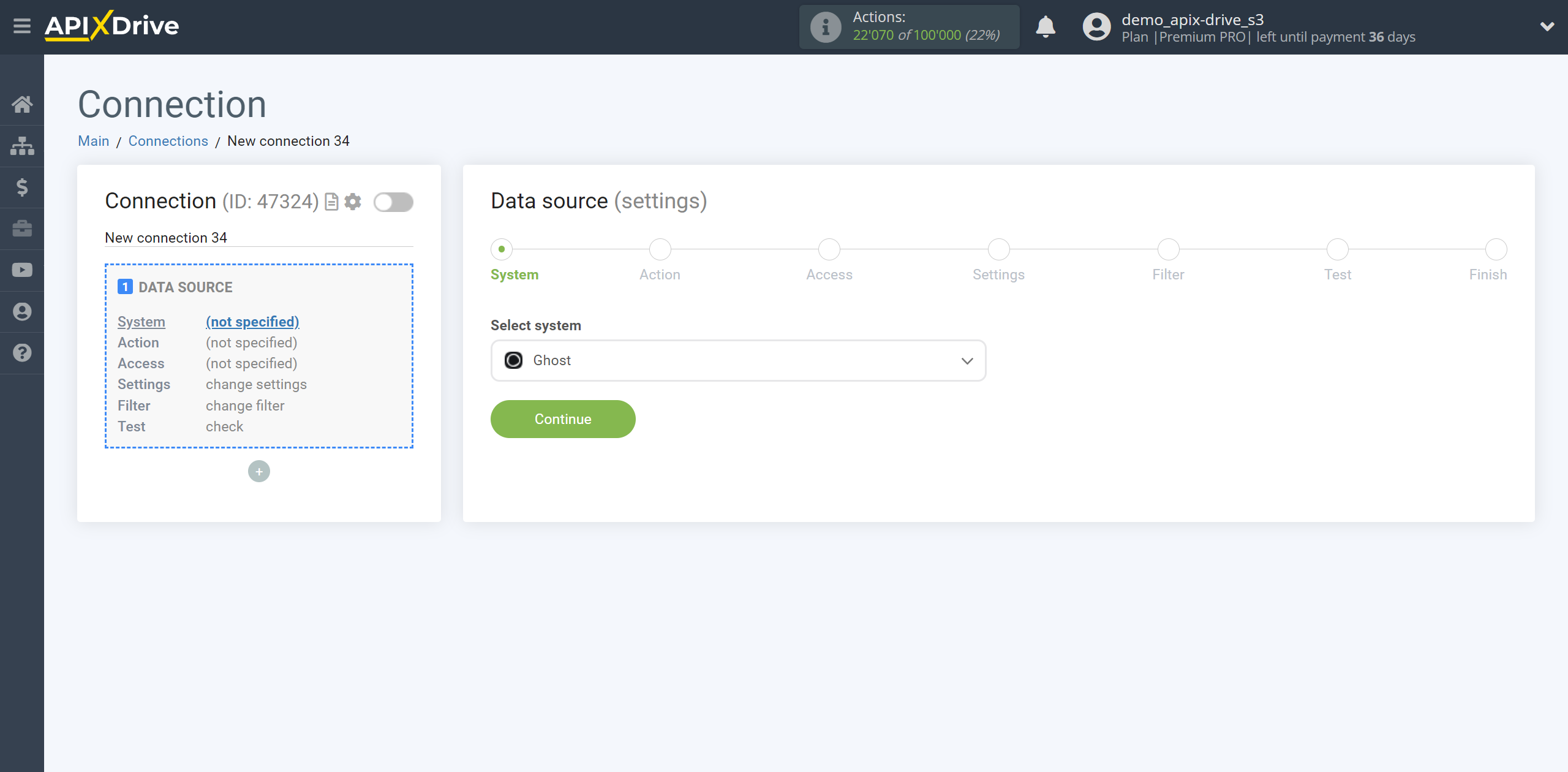 How to Connect Ghost as Data Source | System selection