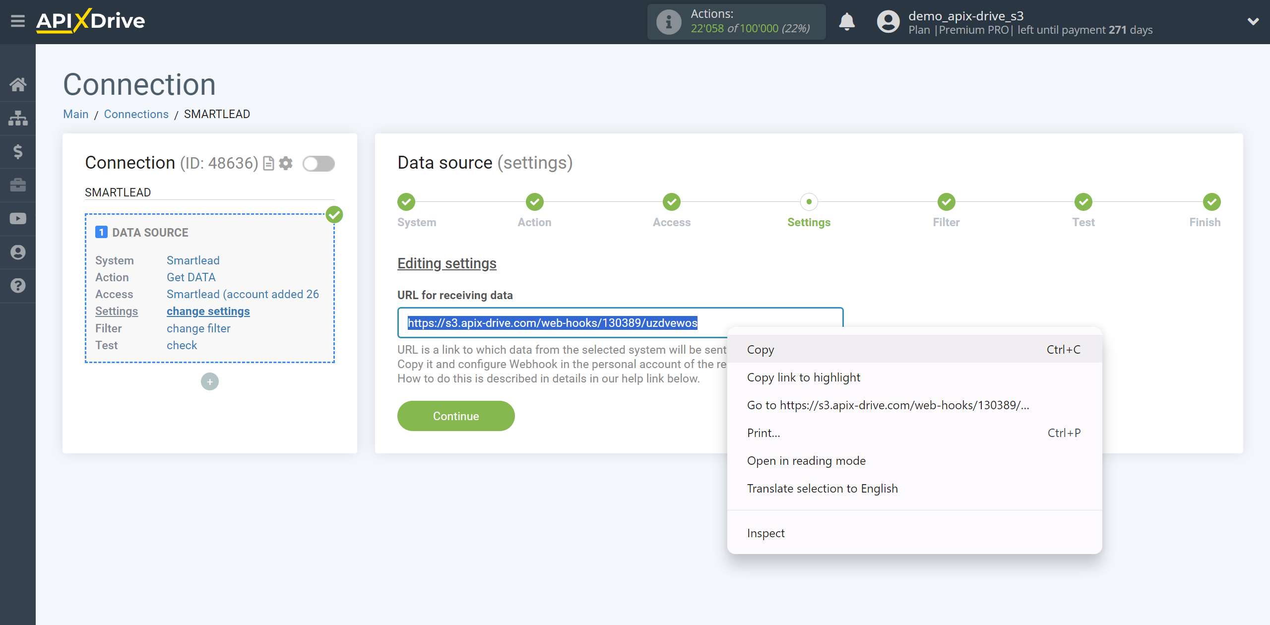 How to Connect Smartlead as Data Source | Copying a link to receive data