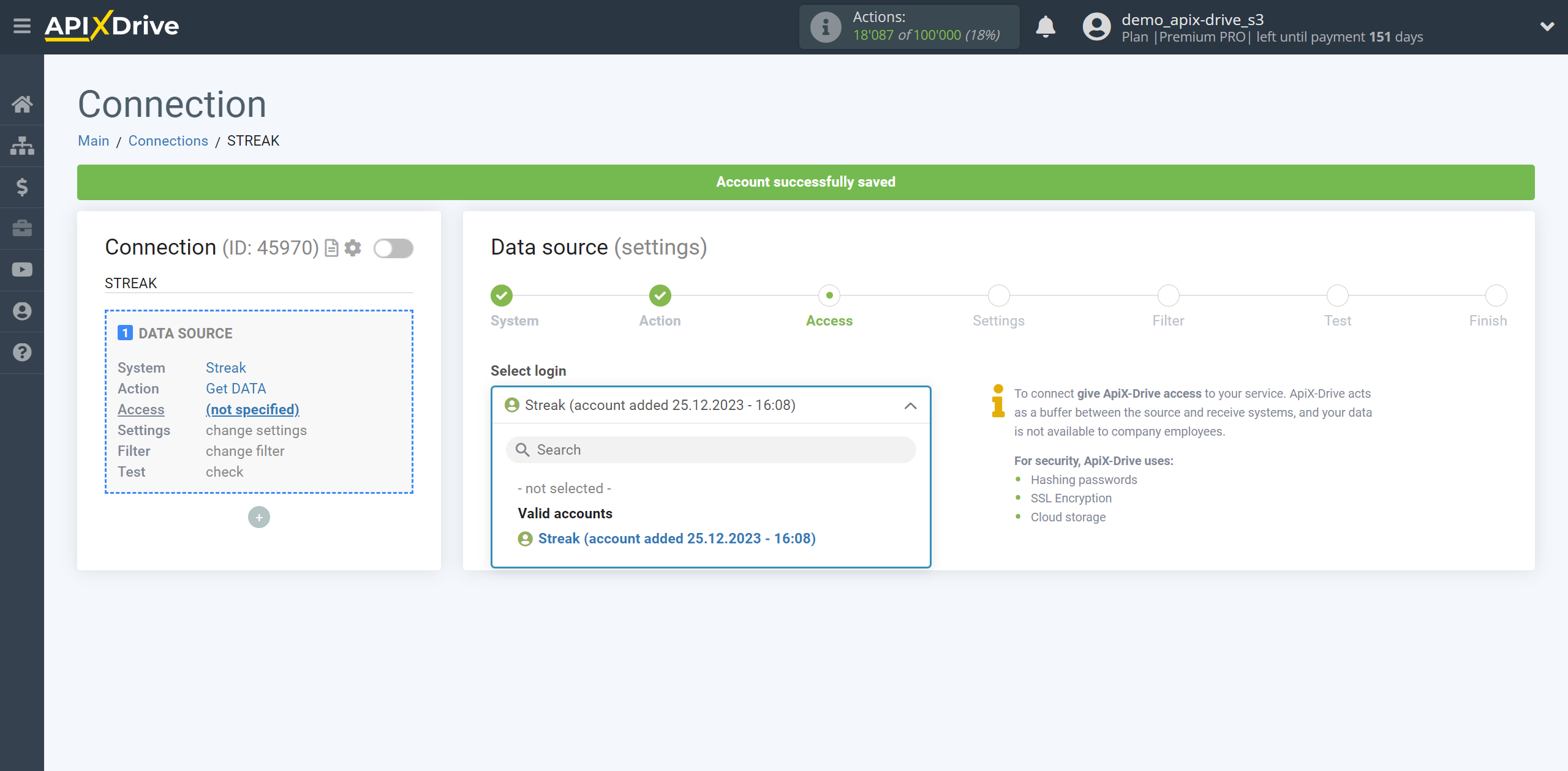 How to Connect Streak as Data Source | Account selection