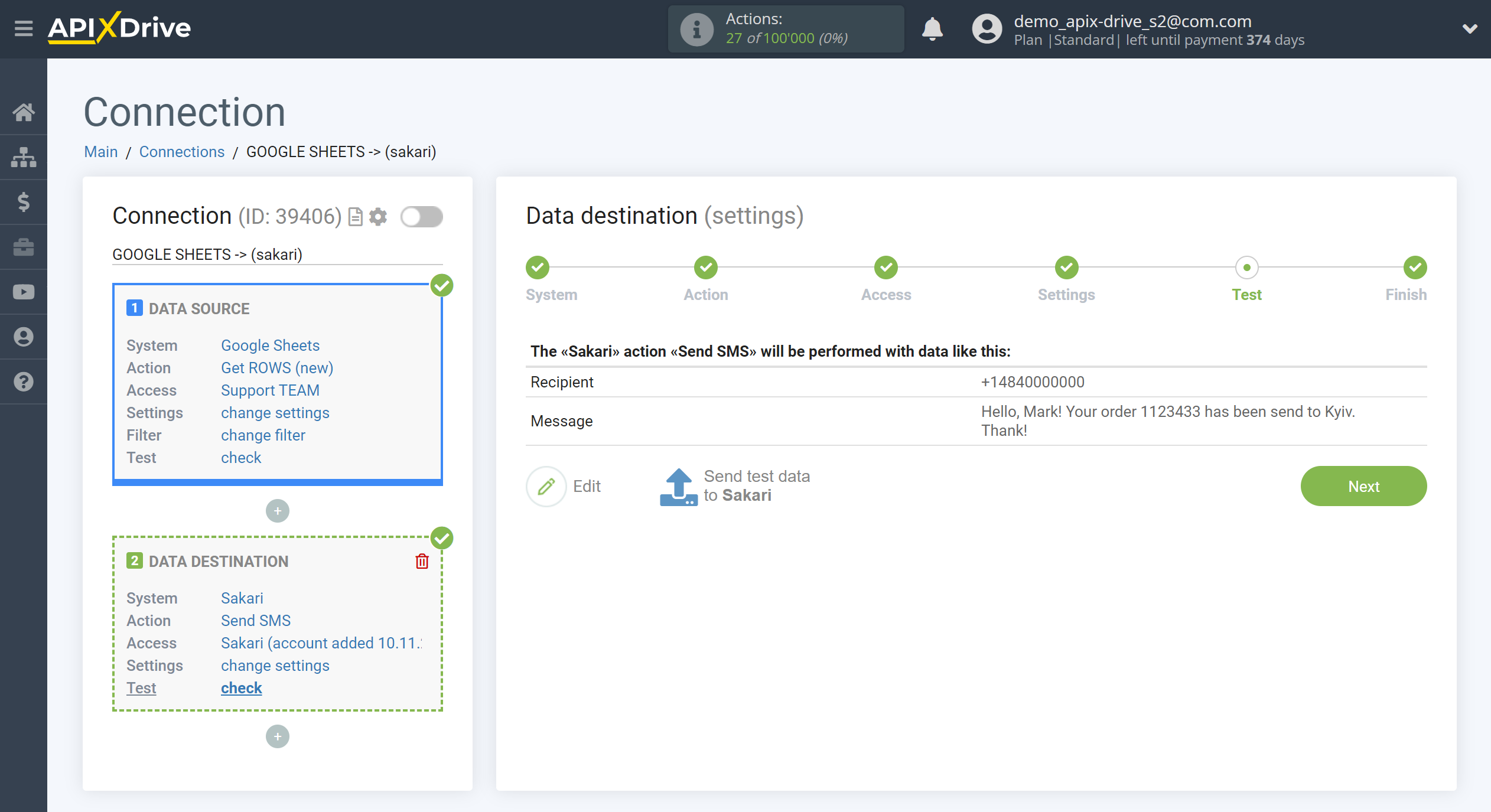 How to Connect Sakari as Data Destination | Test data