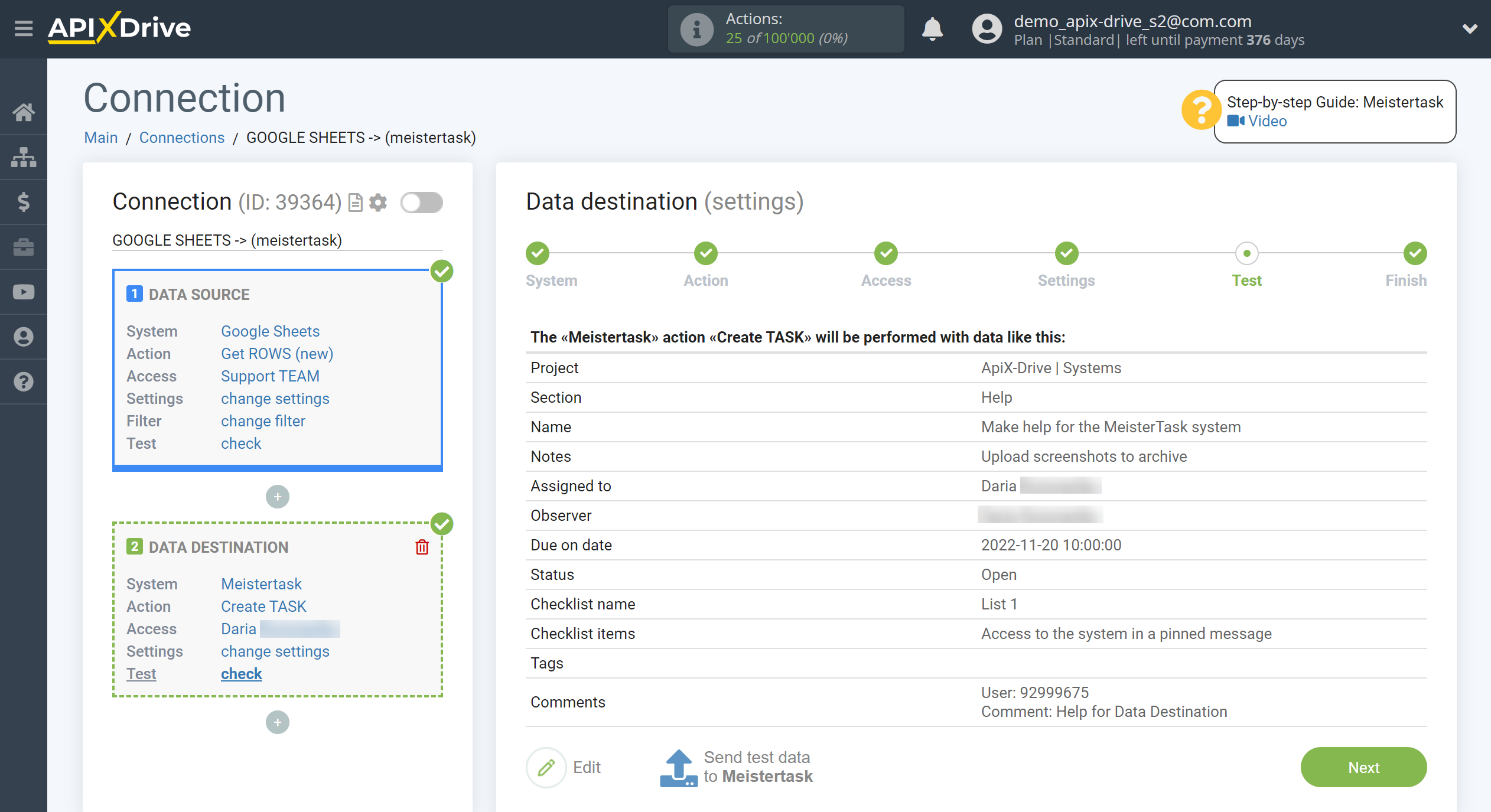 How to Connect MeisterTask as Data Destination | Test data