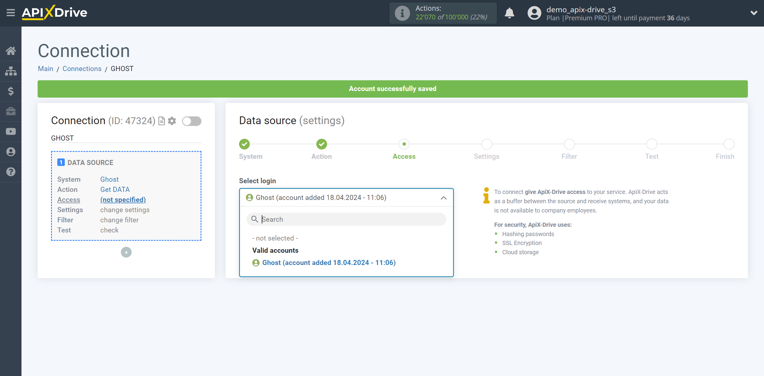 How to Connect Ghost as Data Source | Account selection