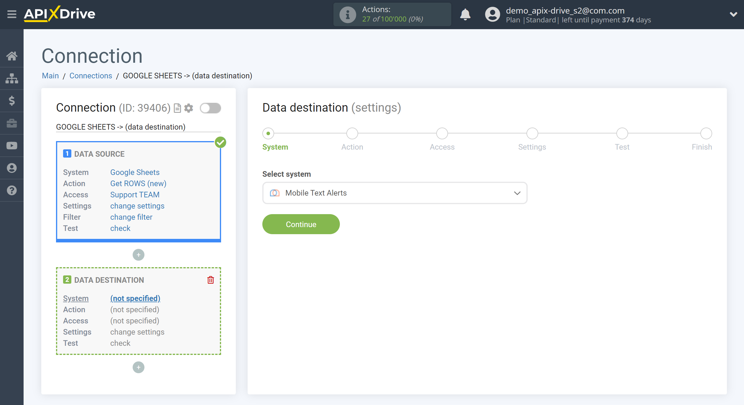 How to Connect Mobile Text Alerts as Data Destination | System selection