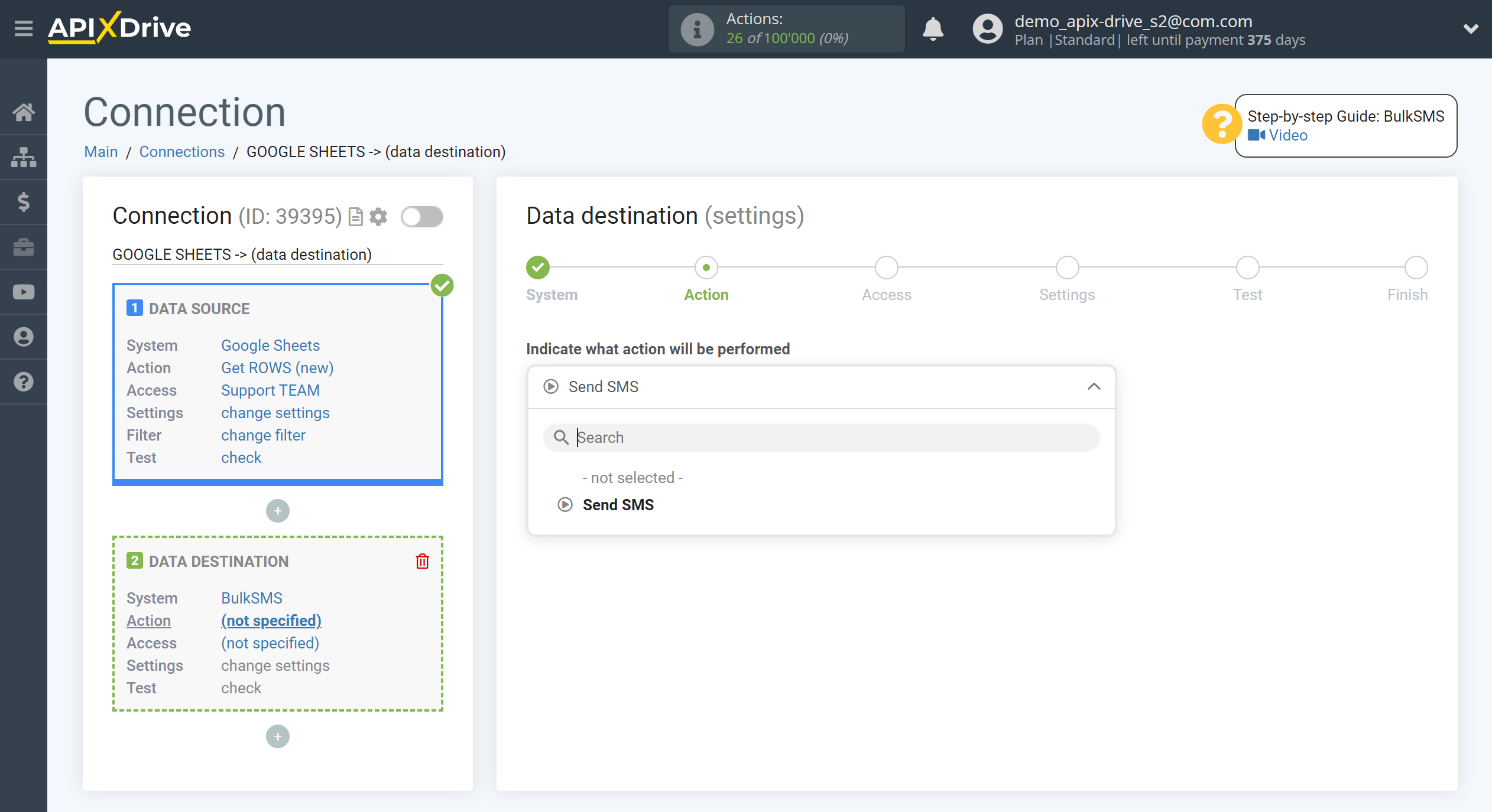 How to Connect BulkSMS as Data Destination | Action selection