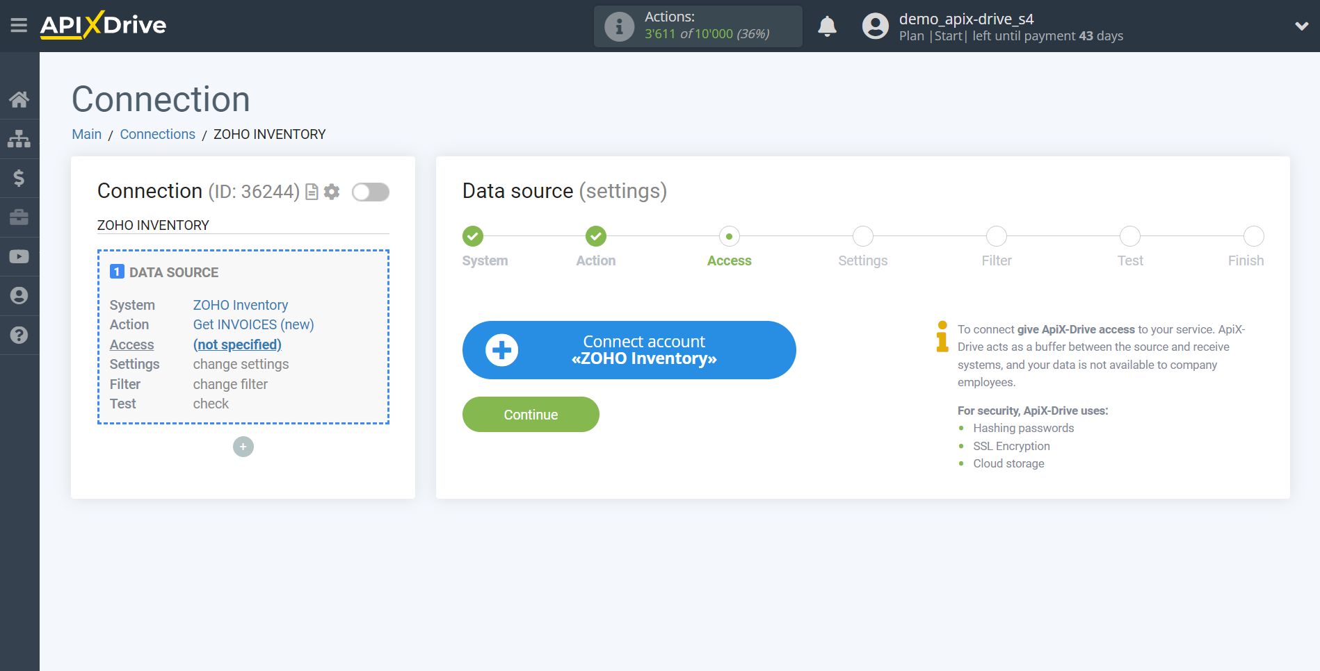 How to Connect Zoho Inventory as Data Source | Account connection