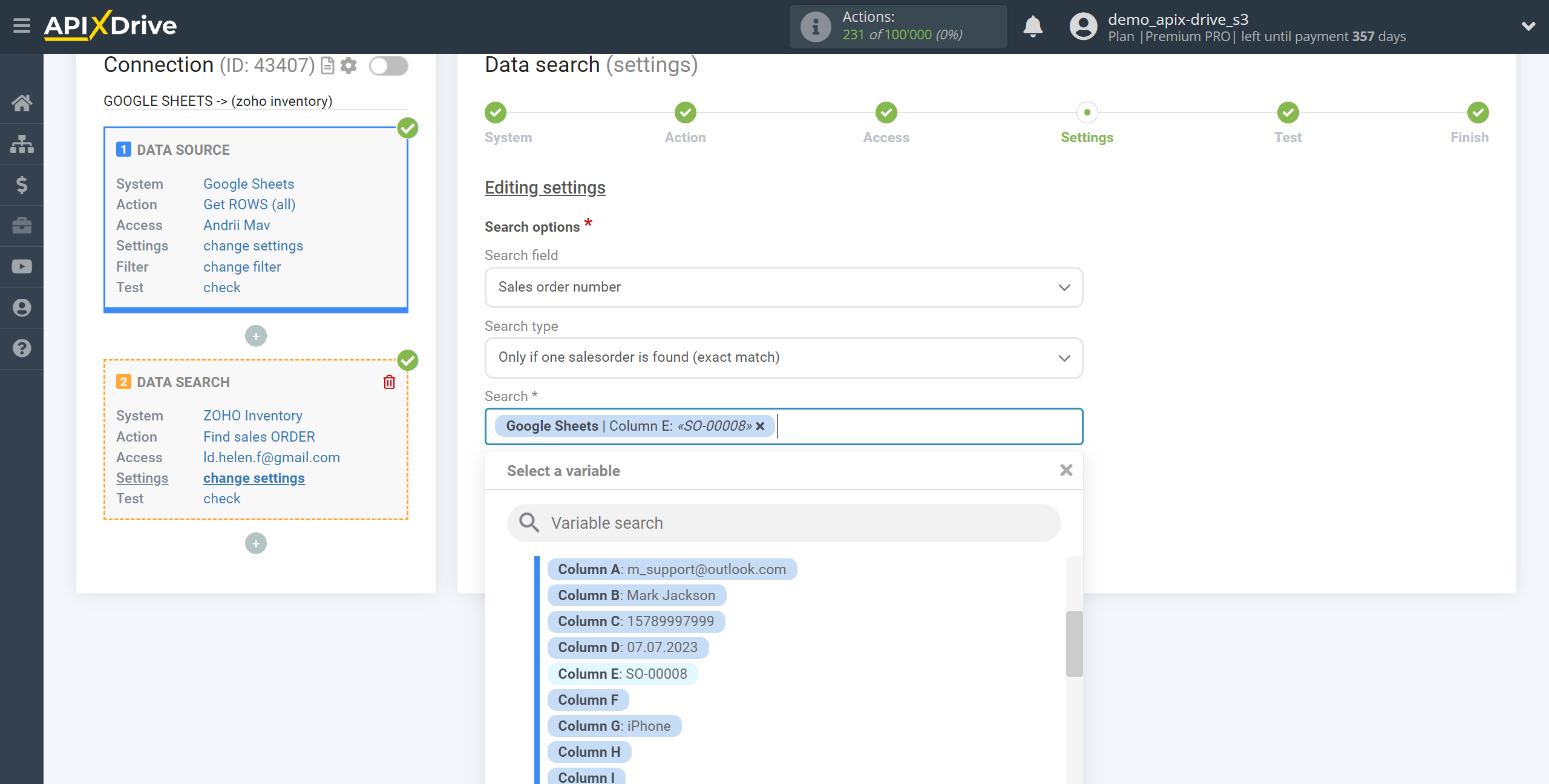 Setting up Zoho Inventory Sales Order Search in Google Sheets | Assigning fields