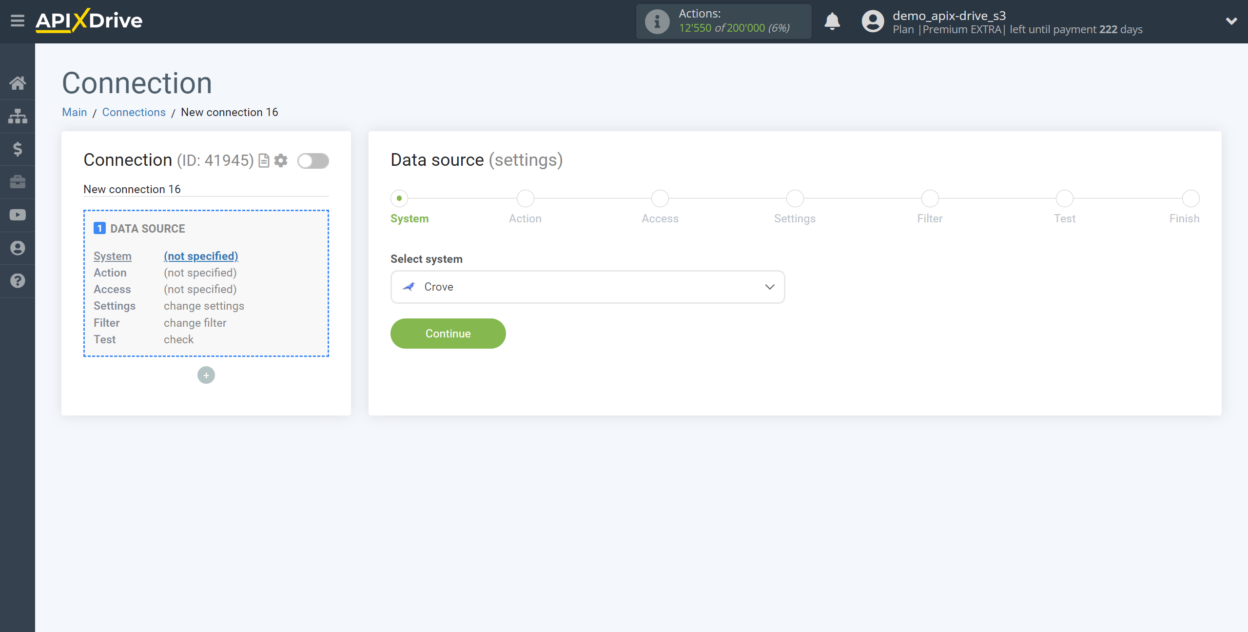 How to Connect Crove as Data Source | System selection