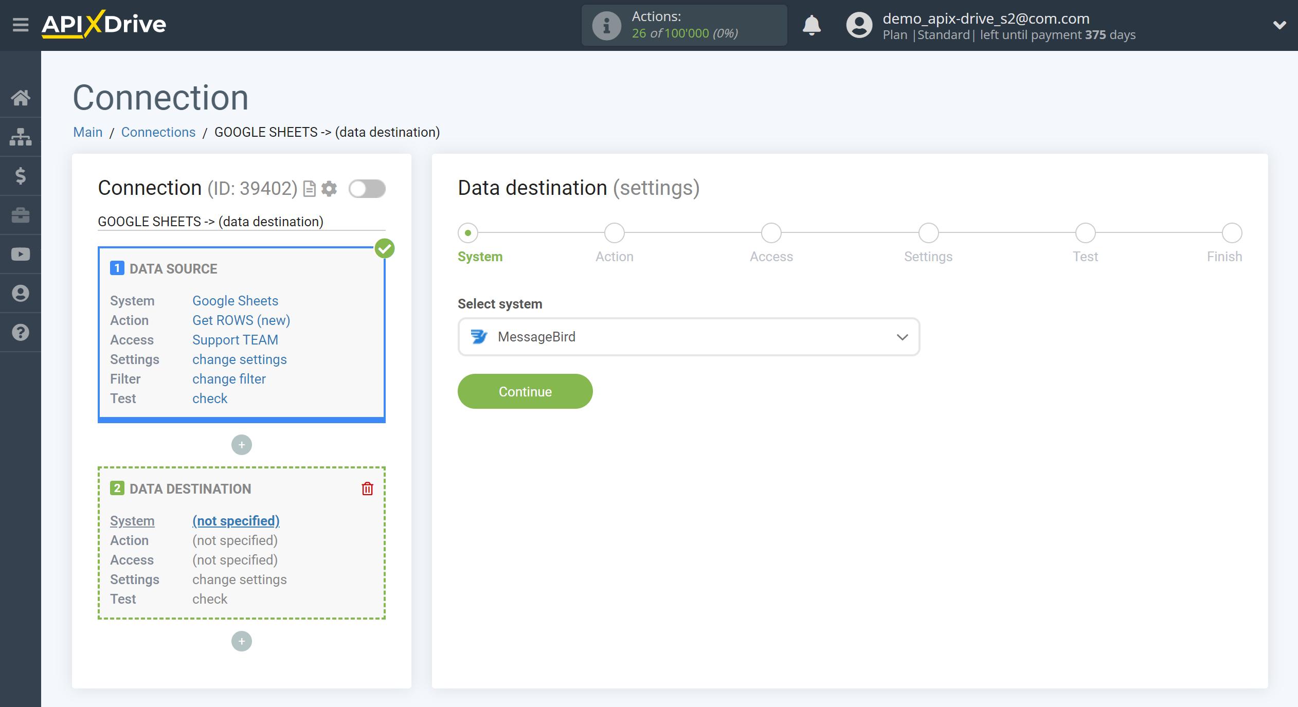 How to Connect&nbsp;MessageBird as Data Destination | System selection