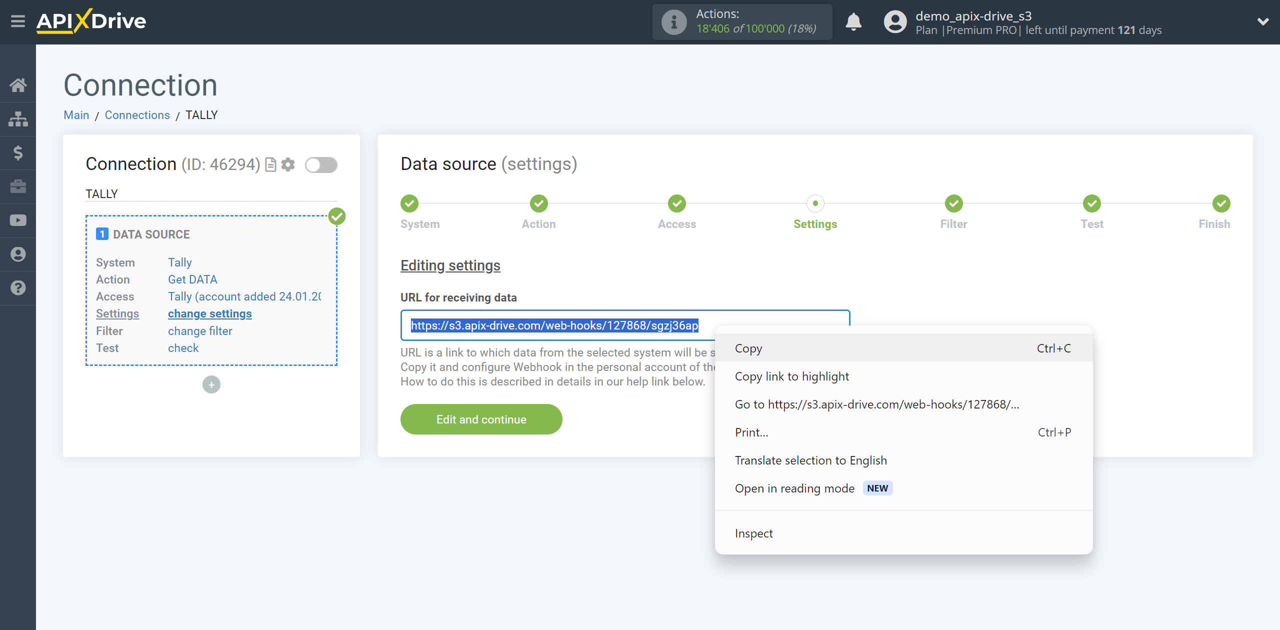 How to Connect Tally as Data Source | Copying a link to receiving data