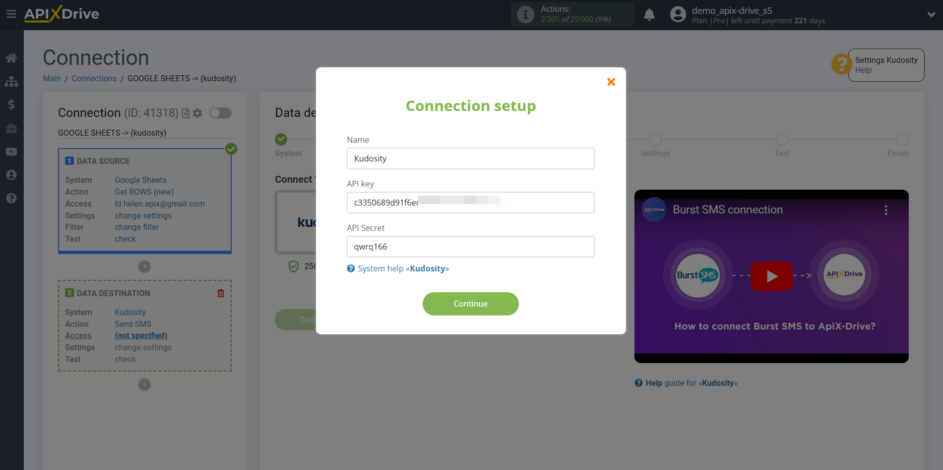 How to Connect Kudosity as Data Destination | Entering the API key to login