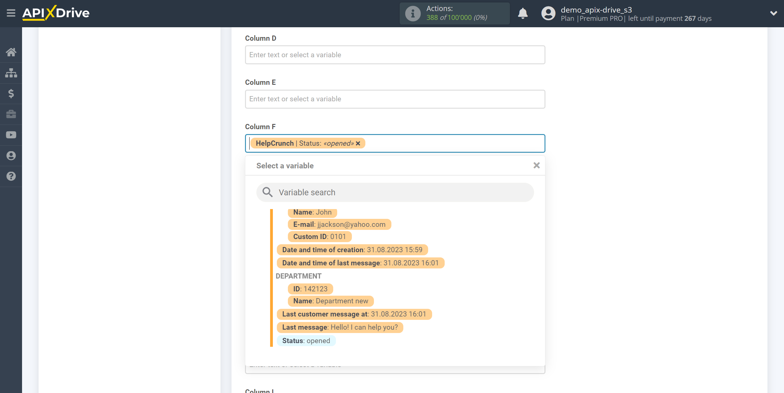 Setting up HelpCrunch Chat Search in Google Sheets | Assigning fields