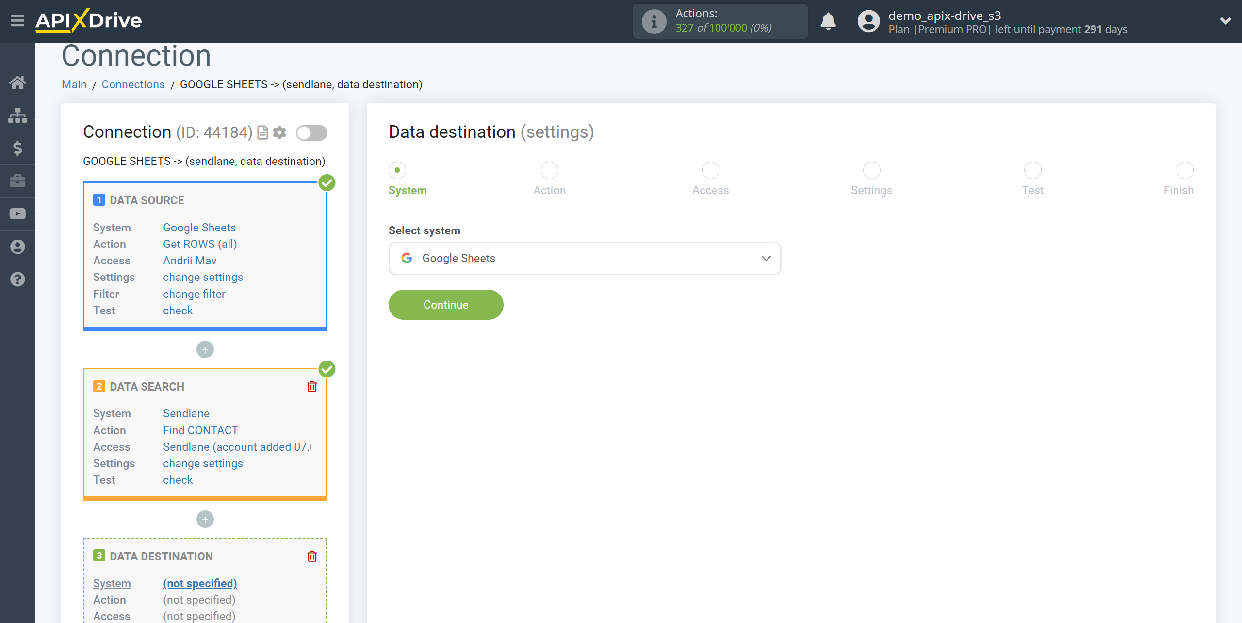 Setting up Sendlane Contact Search in Google Sheets | System selection