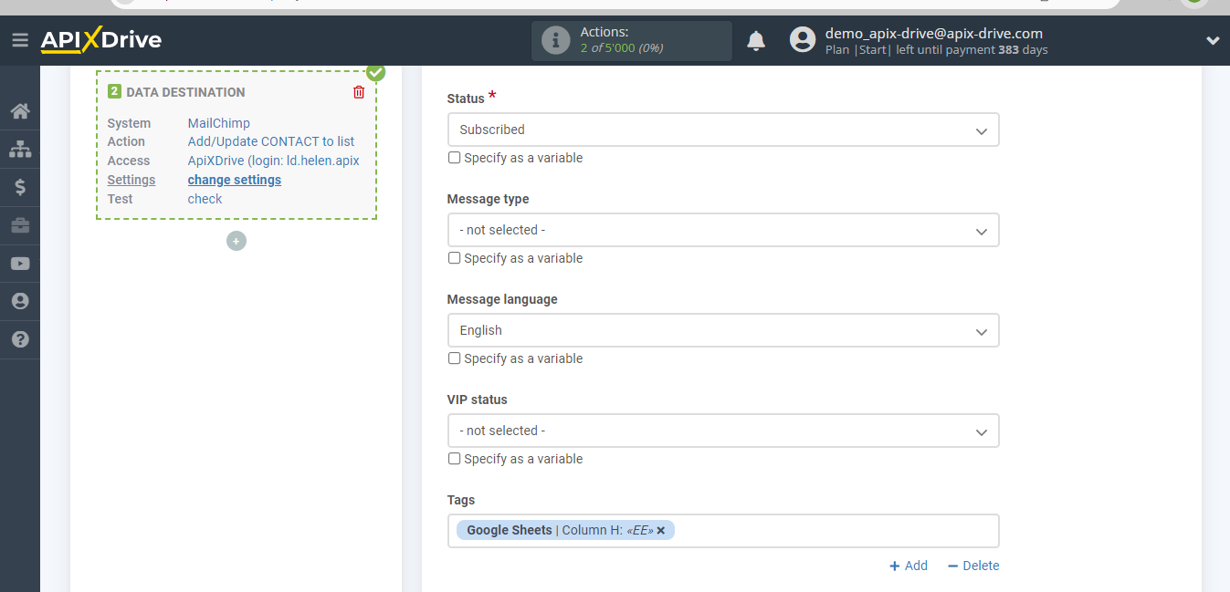 How to Connect MailChimp as Data Destination | Assigning fields