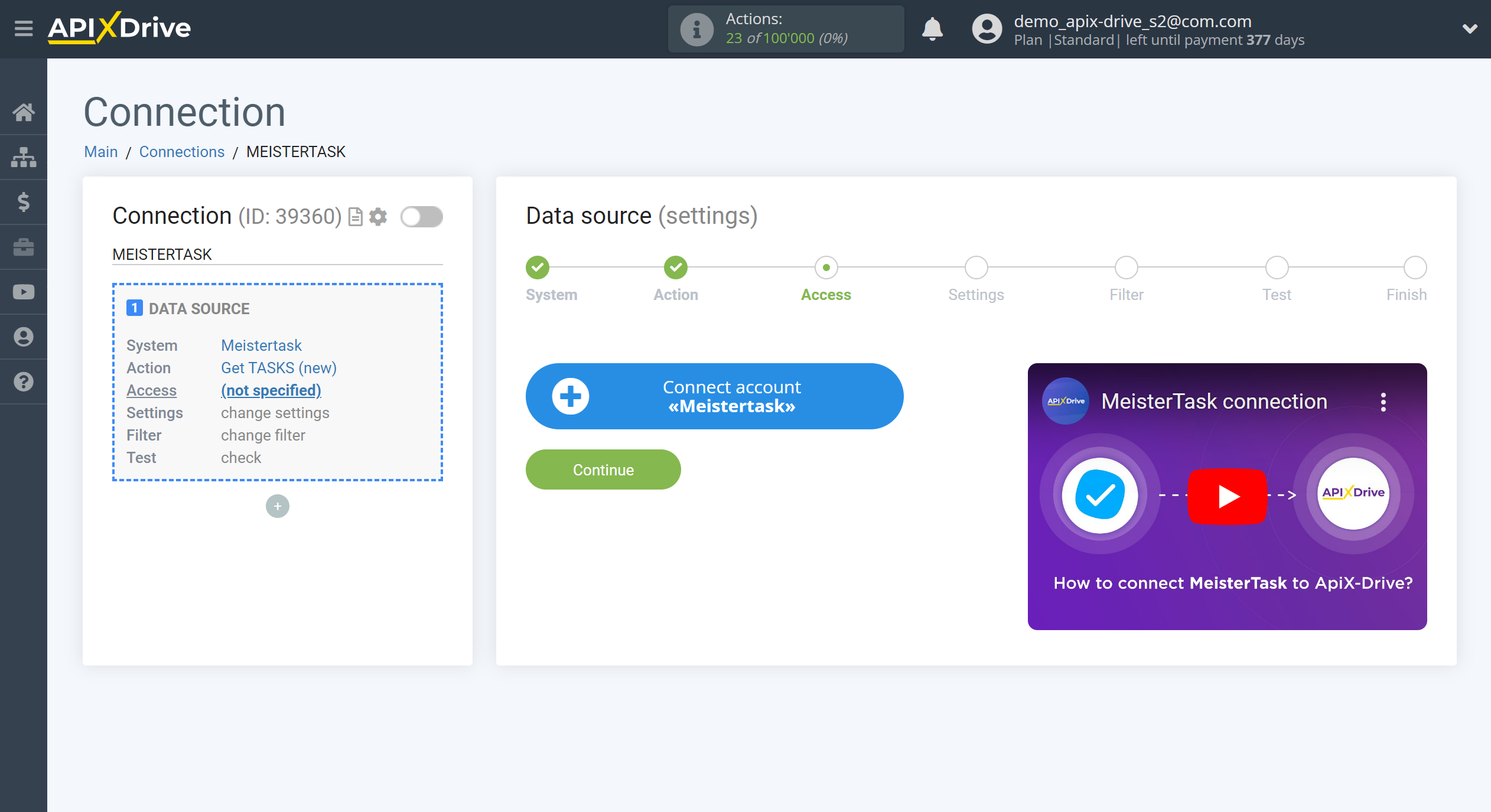 How to Connect MeisterTask as Data Source | Account connection