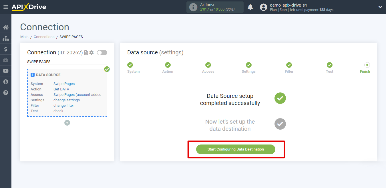 How to Connect Swipe Pages as Data Source | Go to the setup Data Destination