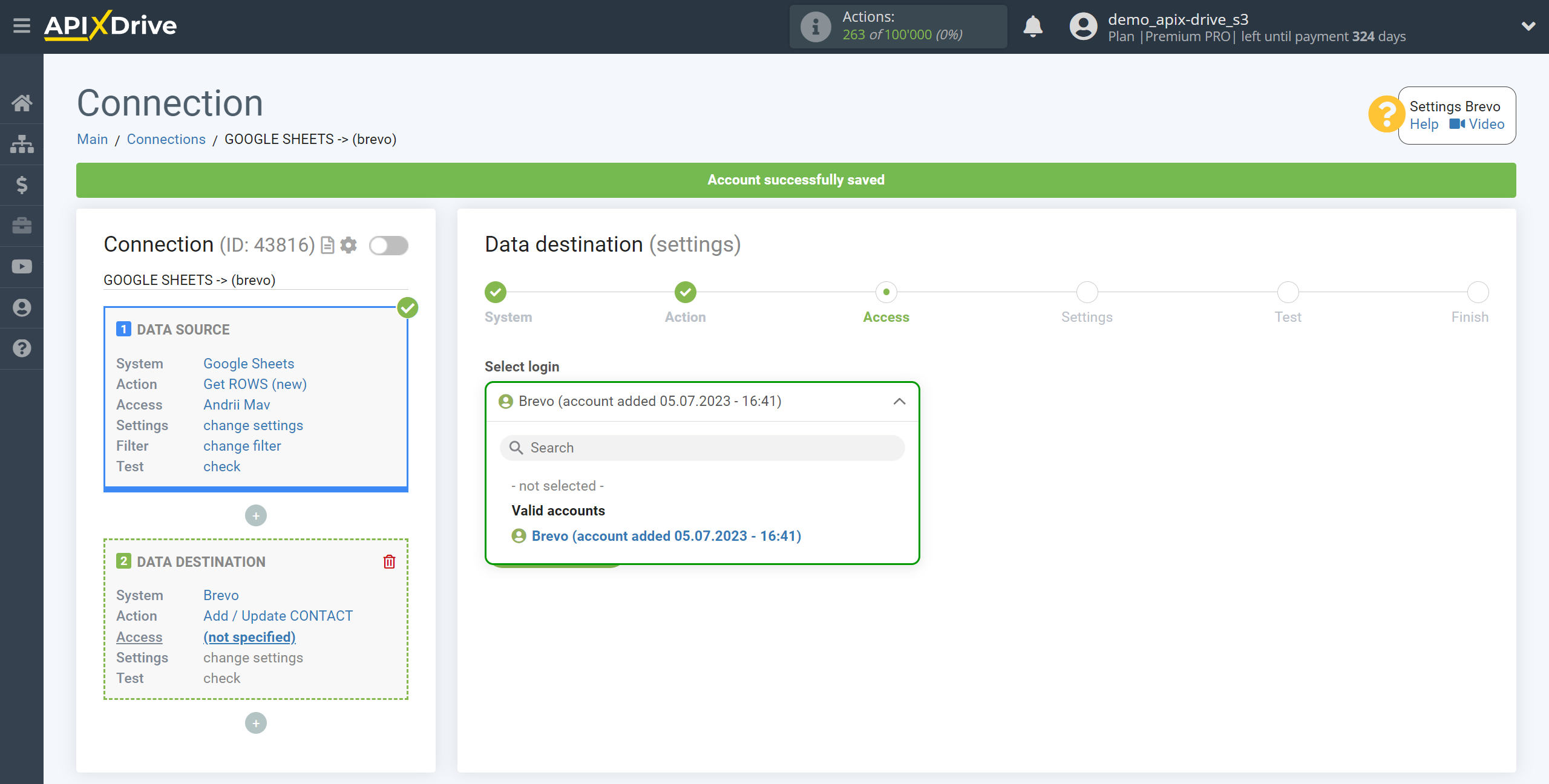 How to Connect Brevo as Data Destination | Account selection