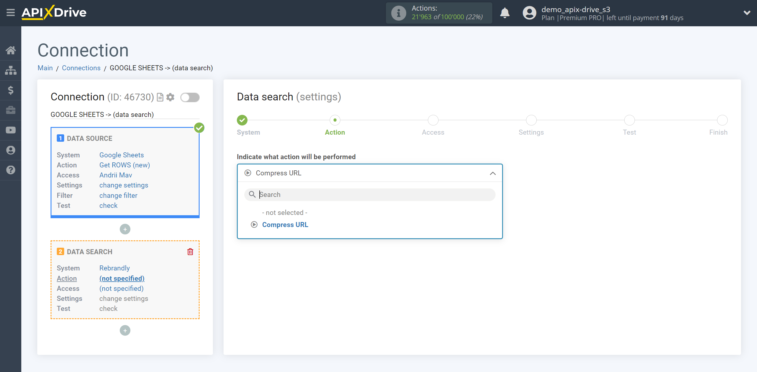 Setting up Rebrandly Data Search in Google Sheets | Action selection