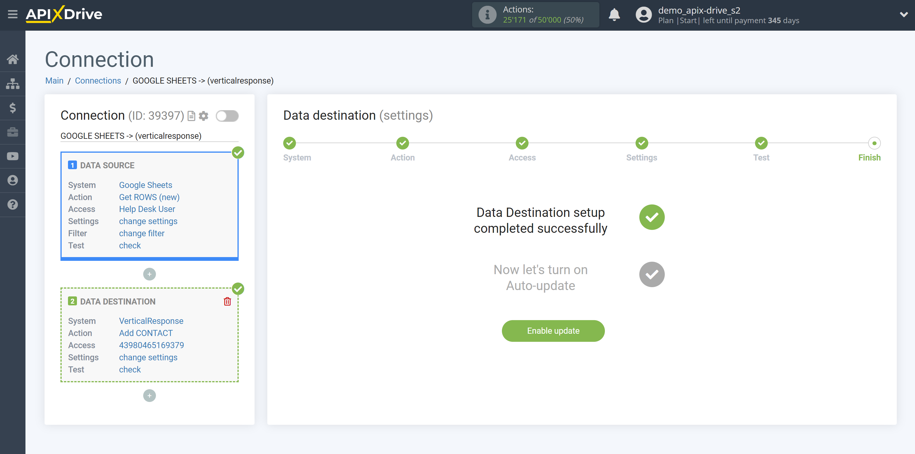 How to Connect VerticalResponse as Data Destination | Enable auto-update