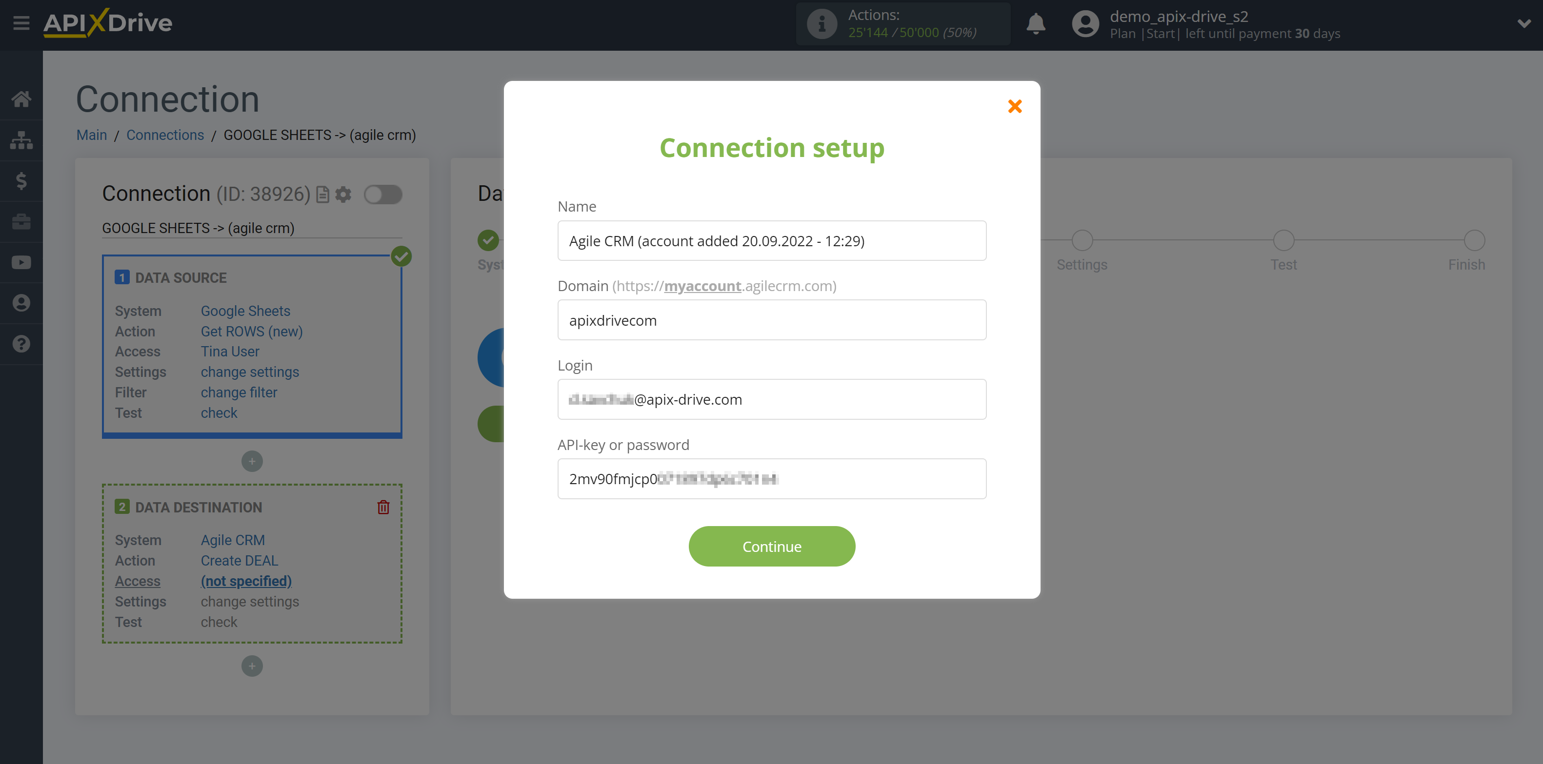 How to Connect AgileCRM as Data Destination | Entering login information