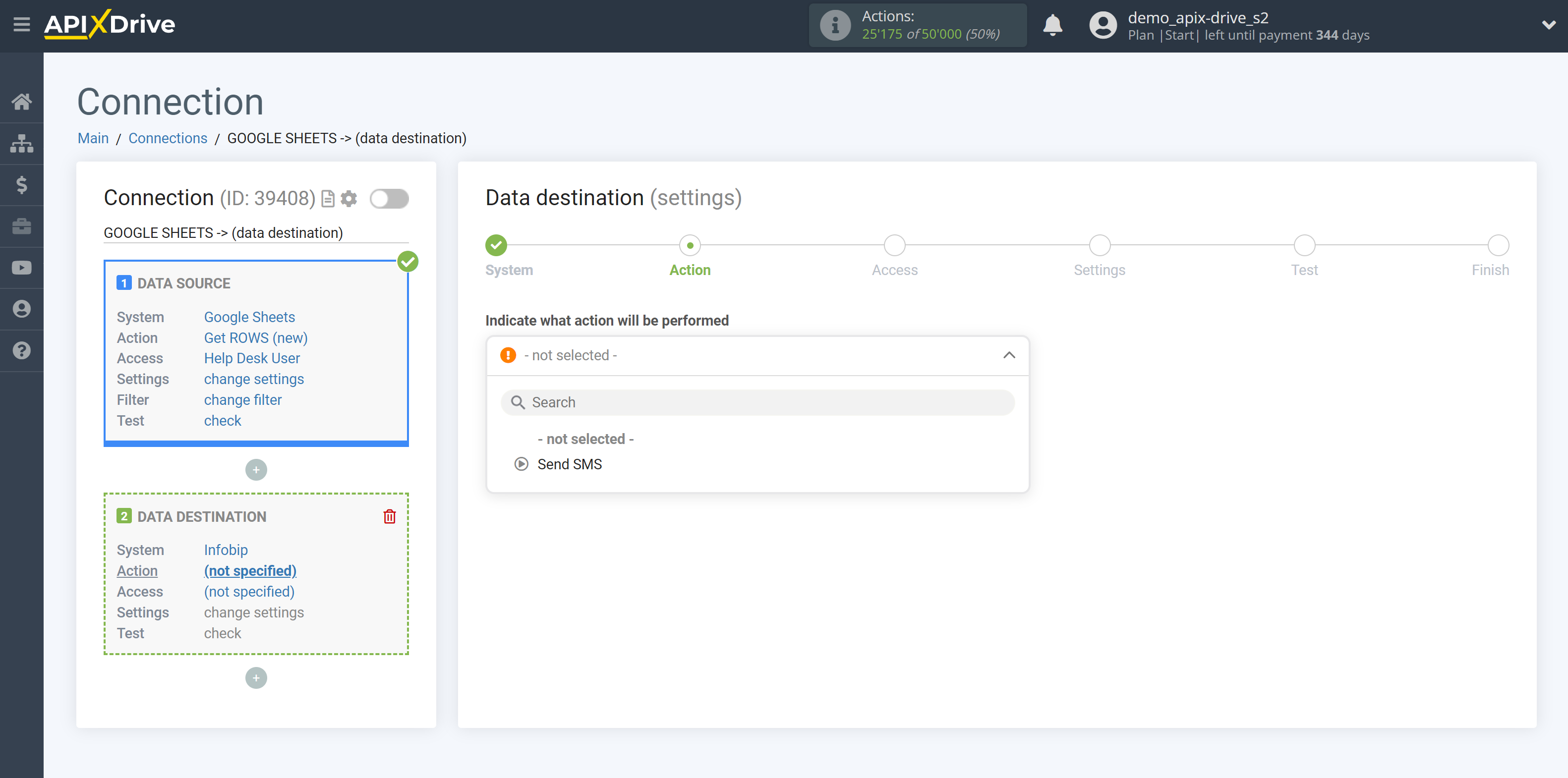 How to Connect Infobip as Data Destination | Action selection