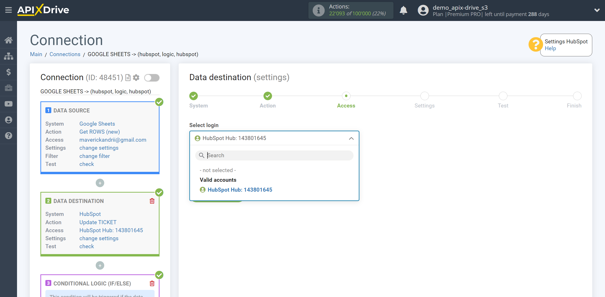 How to setup HubSpot Update Ticket / Create Ticket | Selecting a Destination account