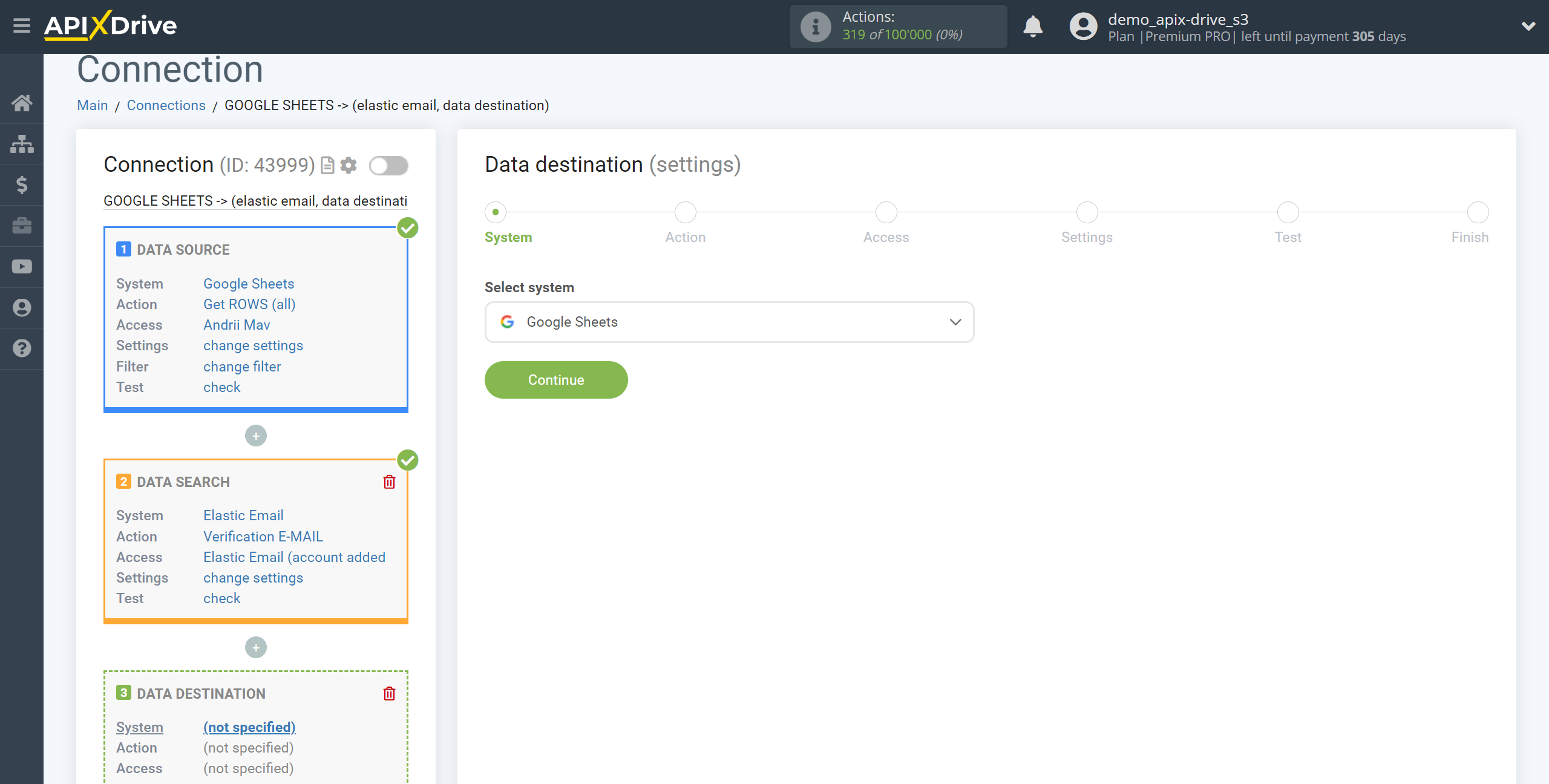 Setting Search to Verification E-MAIL Elastic Email in Google Sheets | System selection