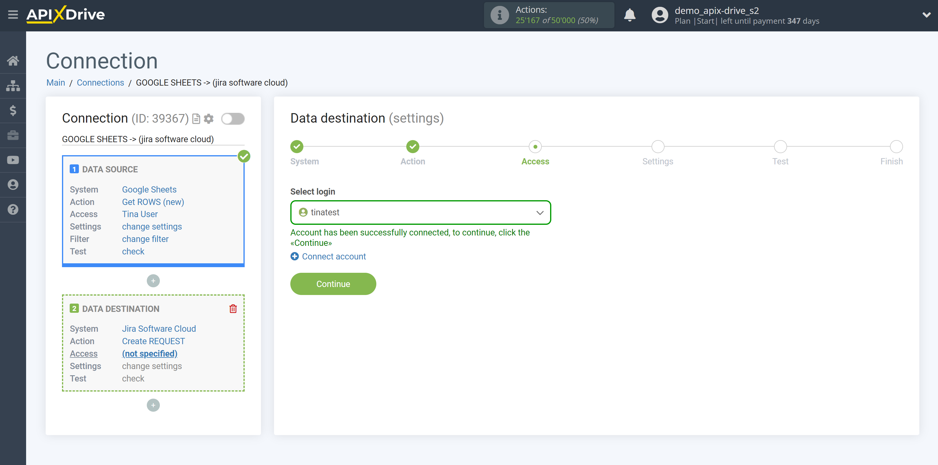 How to Connect Jira Software as Data Destination | Account selection