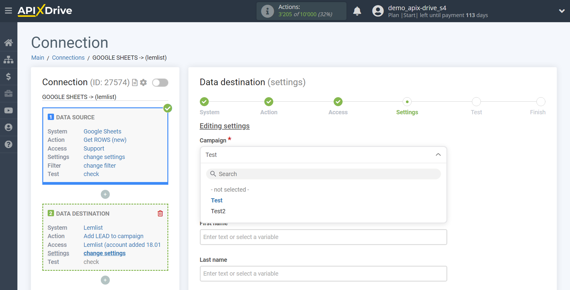 How to Connect Lemlist as Data Destination | Assigning fields