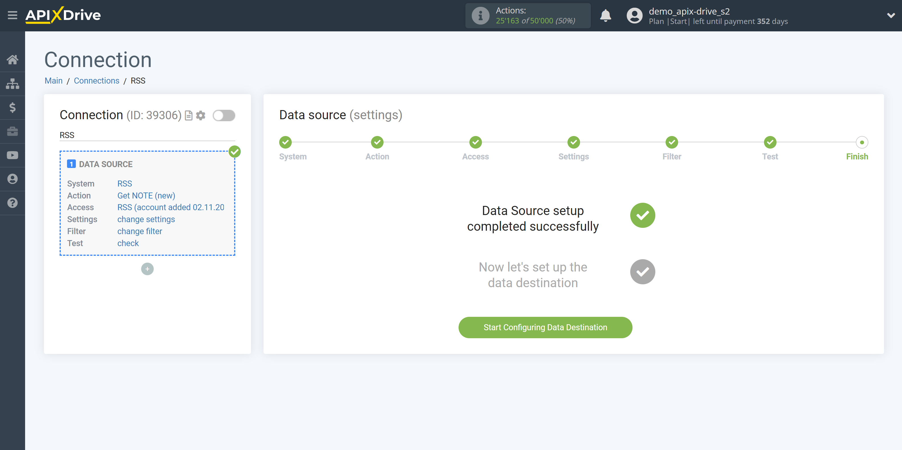 How to Connect RSS as Data Source | Go to the setup Data Destination