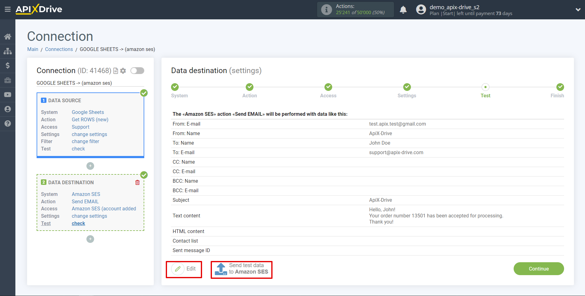 How to Connect Amazon SES as Data Destination | Test data