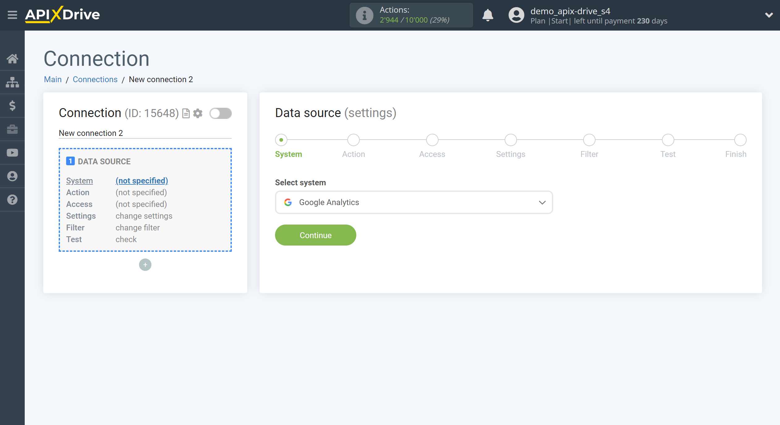 How to Connect Google Analytics as Data Source | System selection