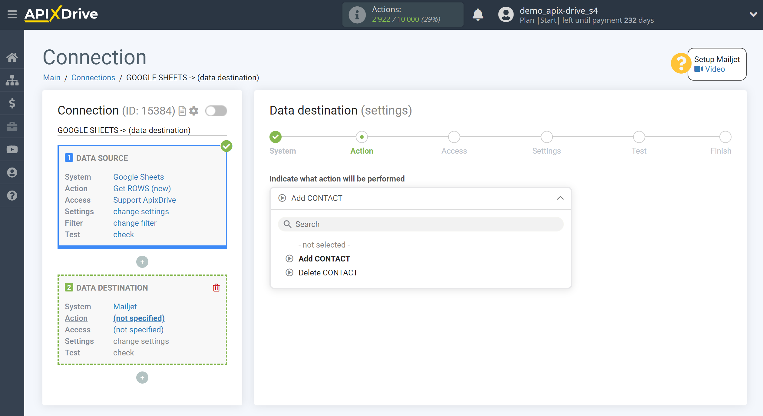 How to Connect Mailjet as Data Destination | Action selection