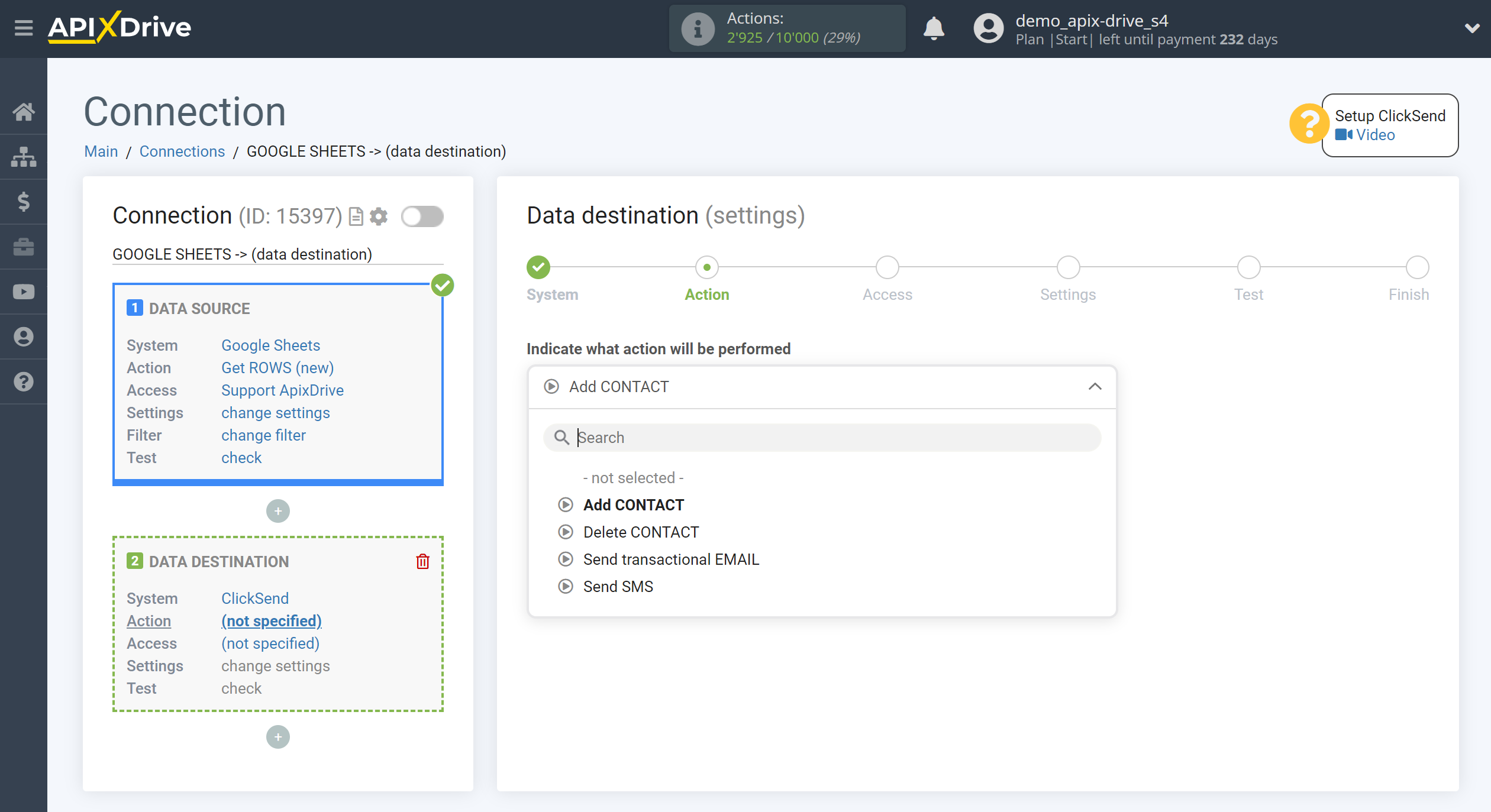 How to Connect ClickSend as Data Destination | Action selection