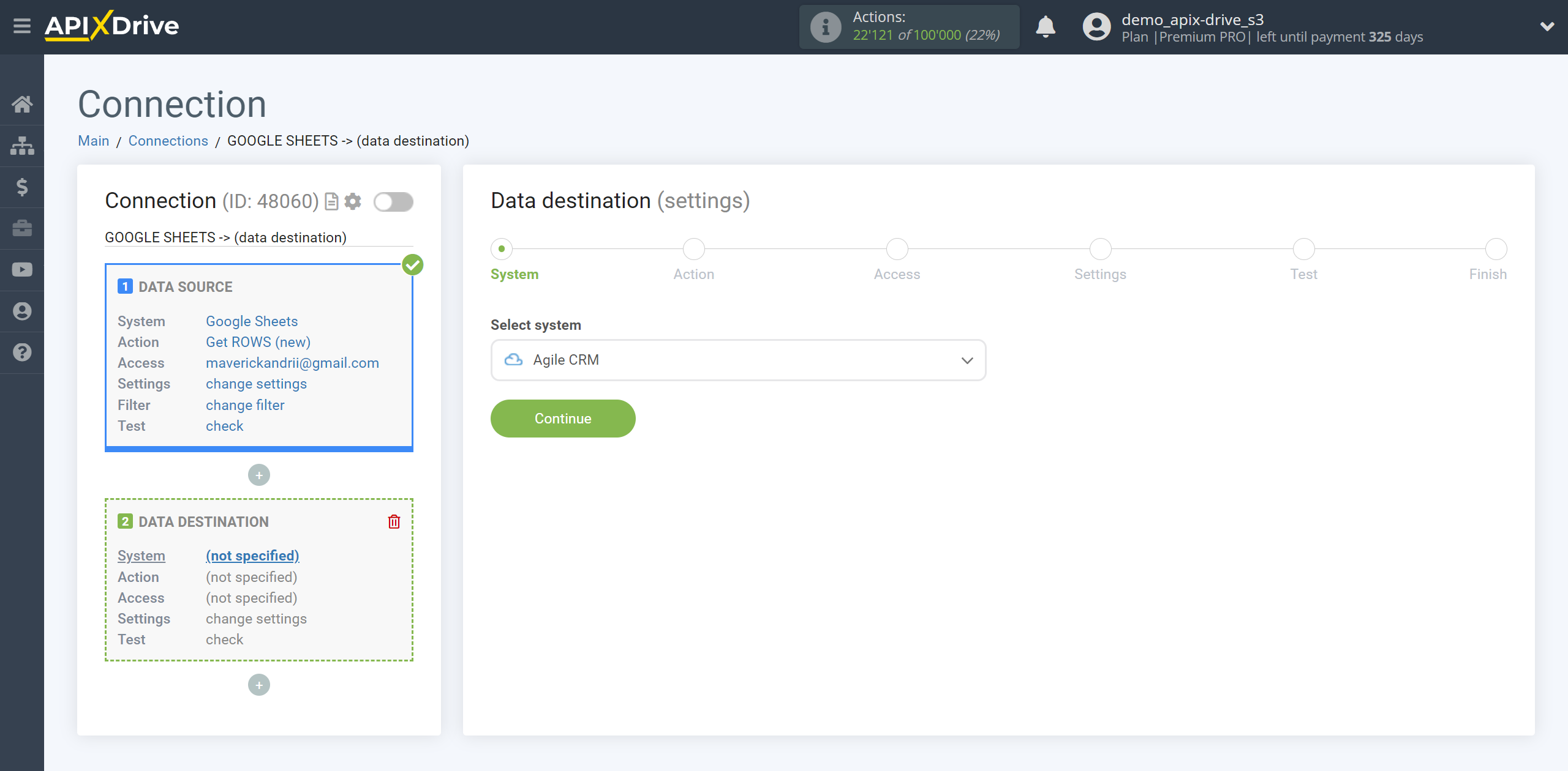 How to setup AgileCRM Update Deal / Create Deal | System selection a Data Destination