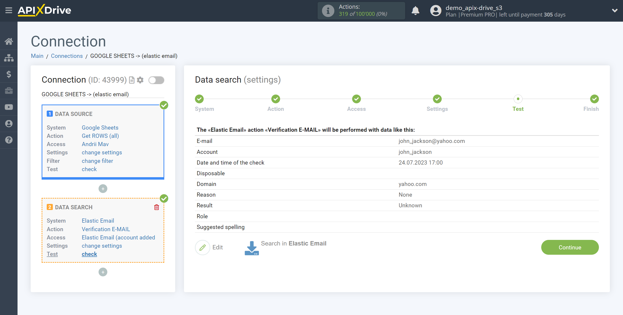 Setting Search to Verification E-MAIL Elastic Email in Google Sheets | Test data