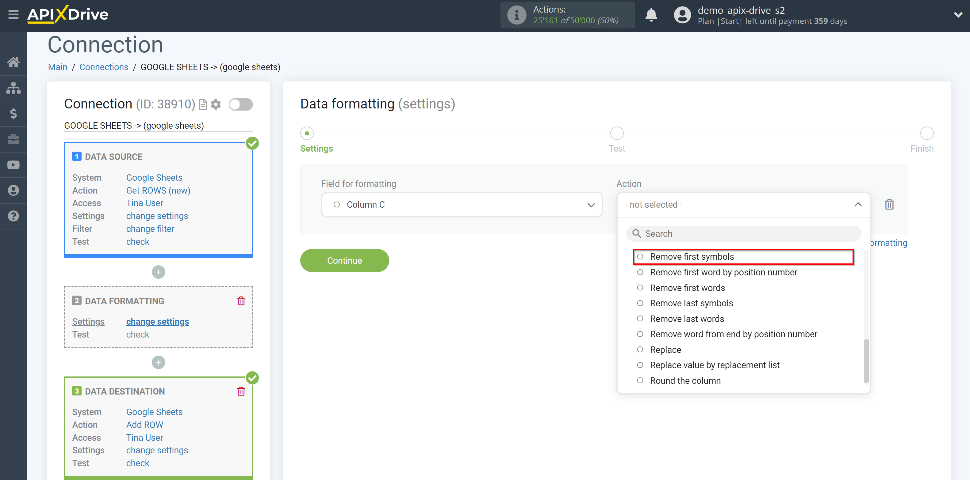 How to setup Data Formatting| Selecting the function Remove first symbols