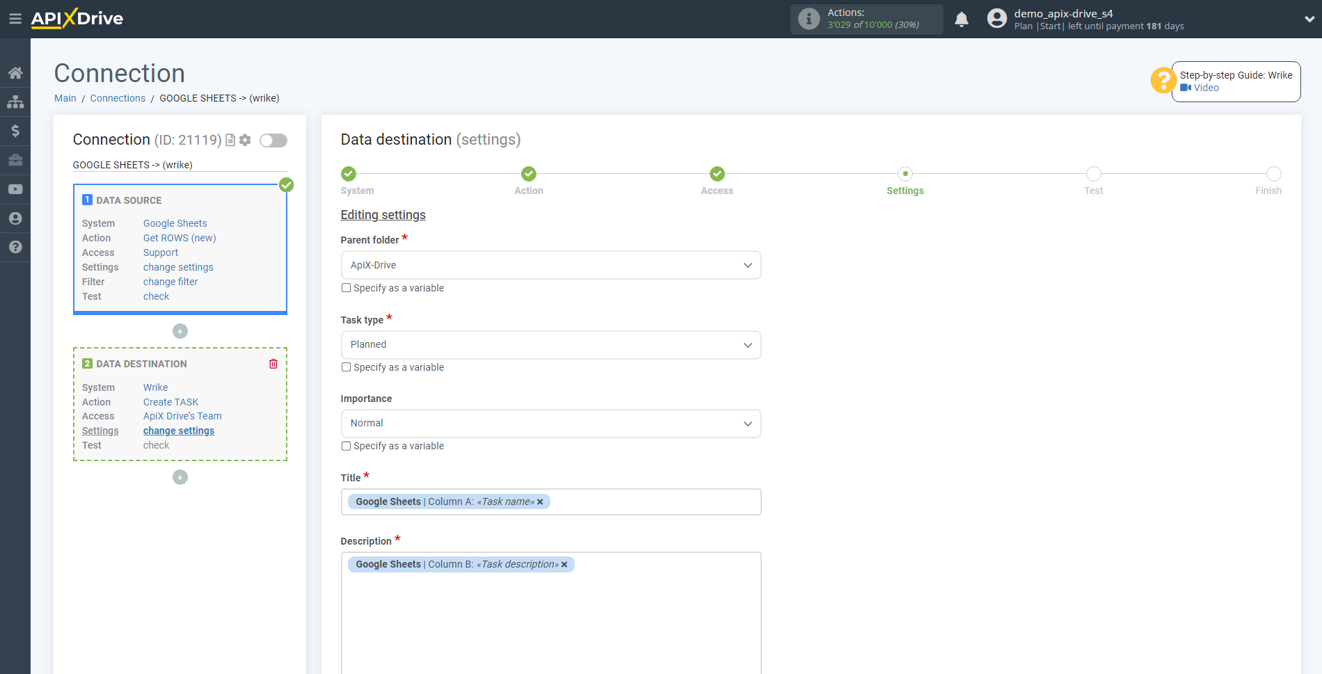 How to Connect Wrike as Data Destination | Assigning fields