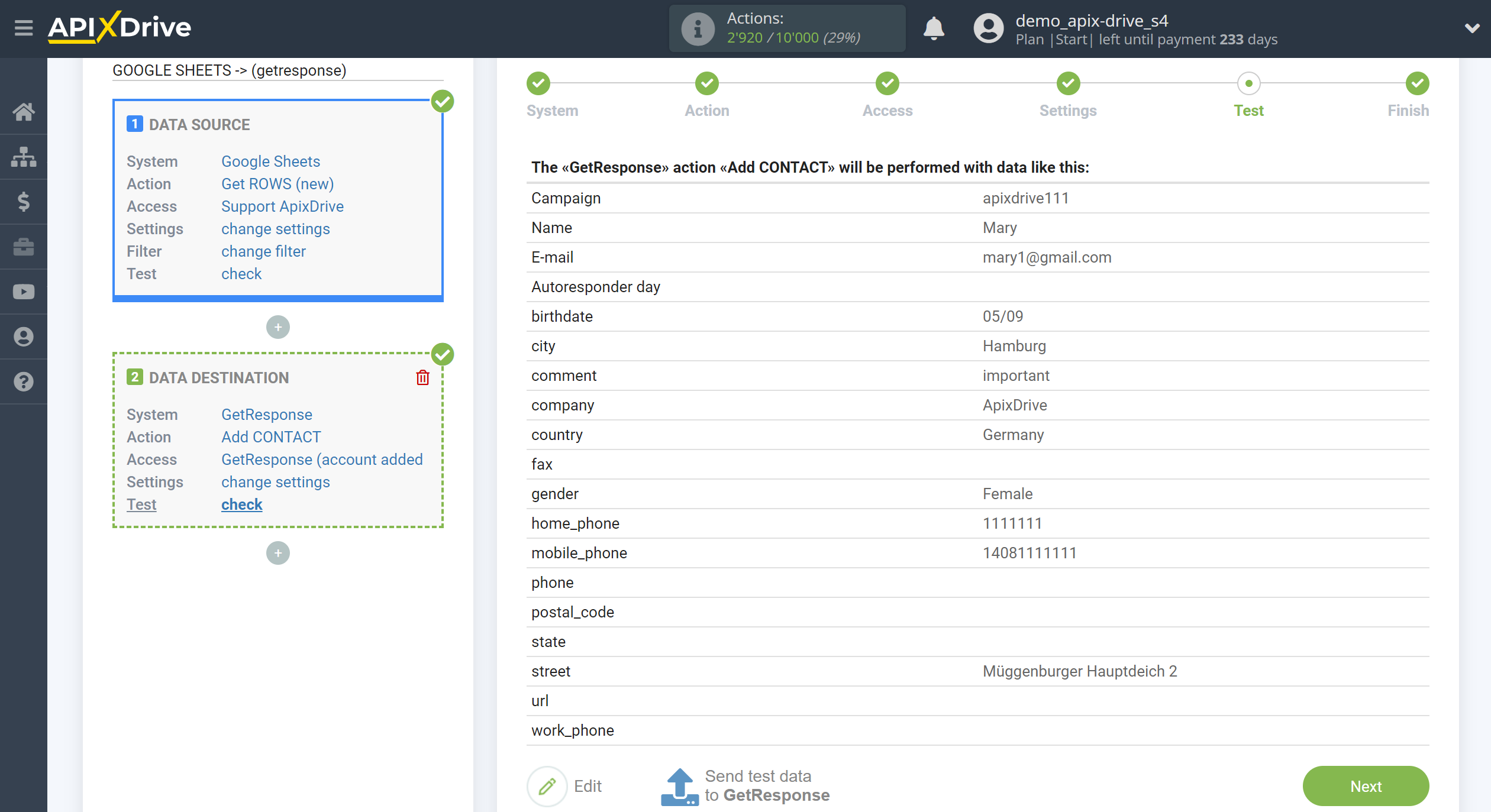 How to Connect GetResponse as Data Destination | Test data