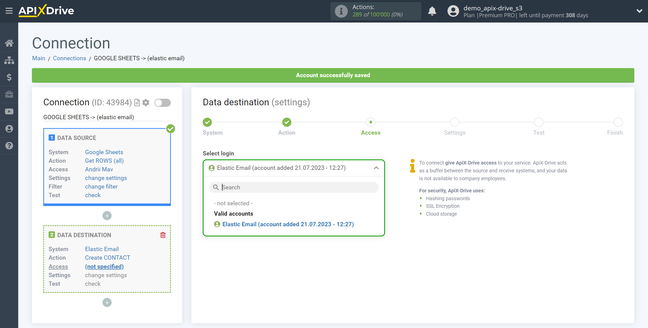 How to Connect Elastic Email as Data Destination | Account selection