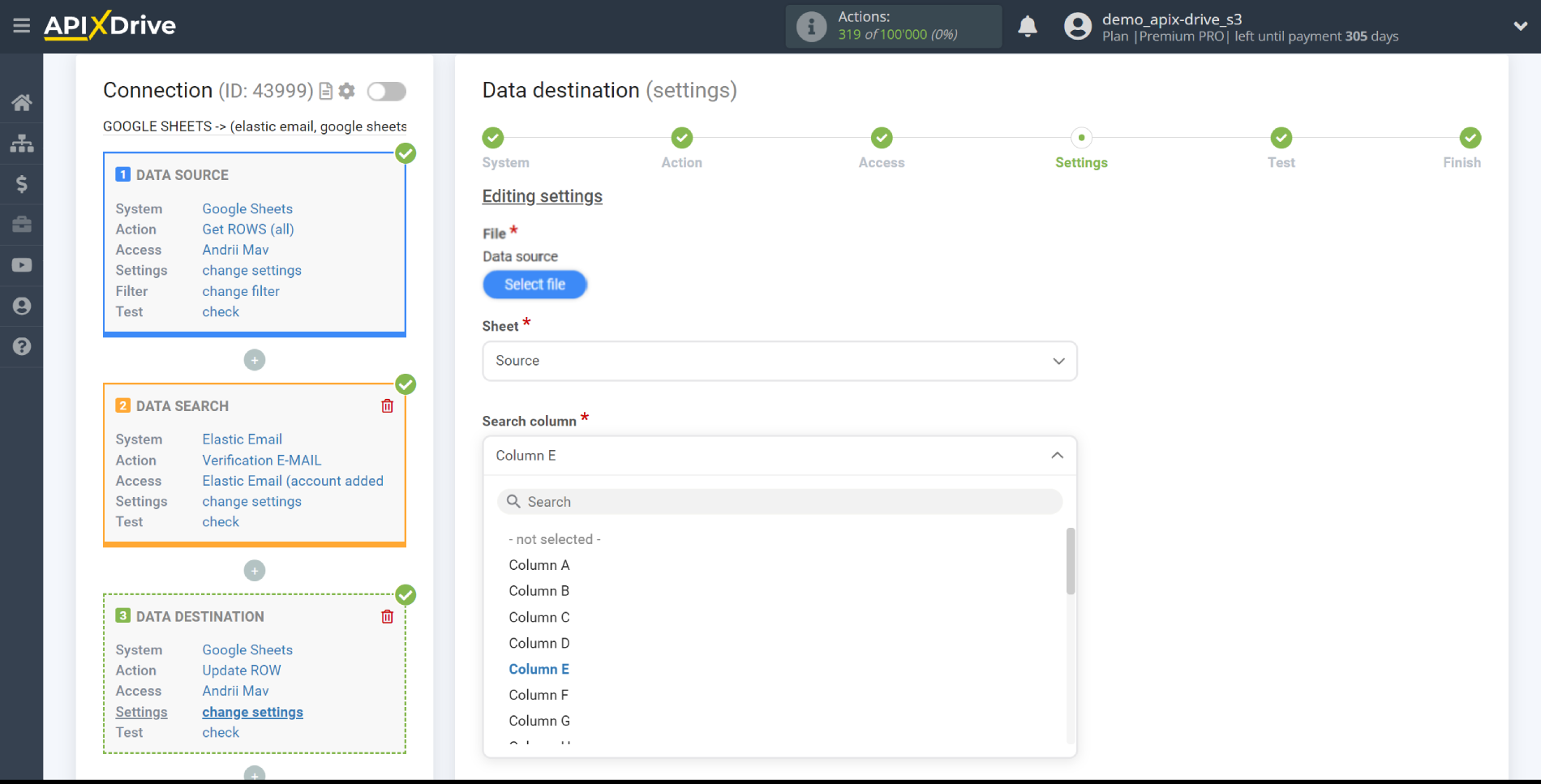 Setting Search to Verification E-MAIL Elastic Email in Google Sheets | Assigning fields