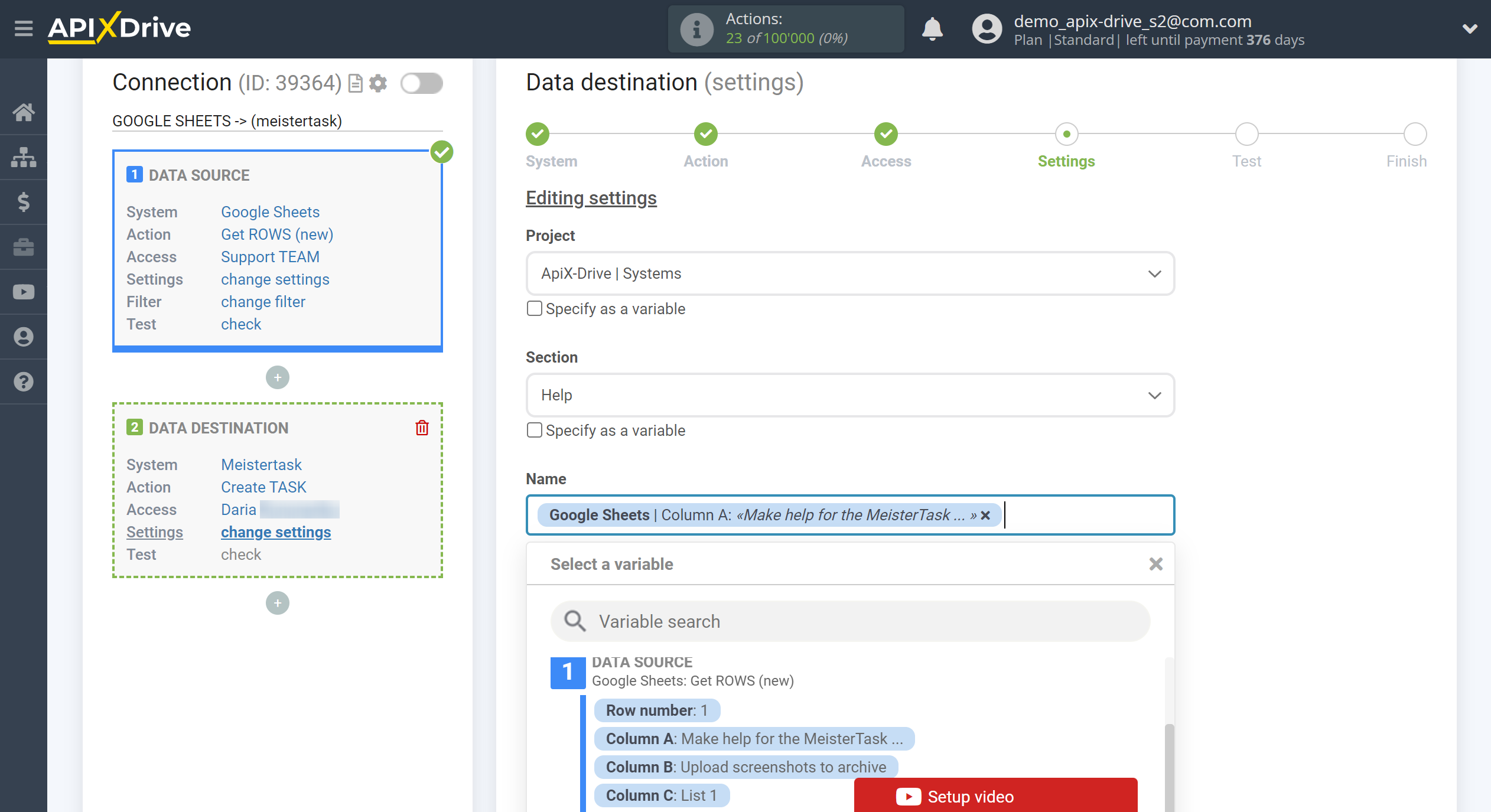 How to Connect MeisterTask as Data Destination | Assigning fields