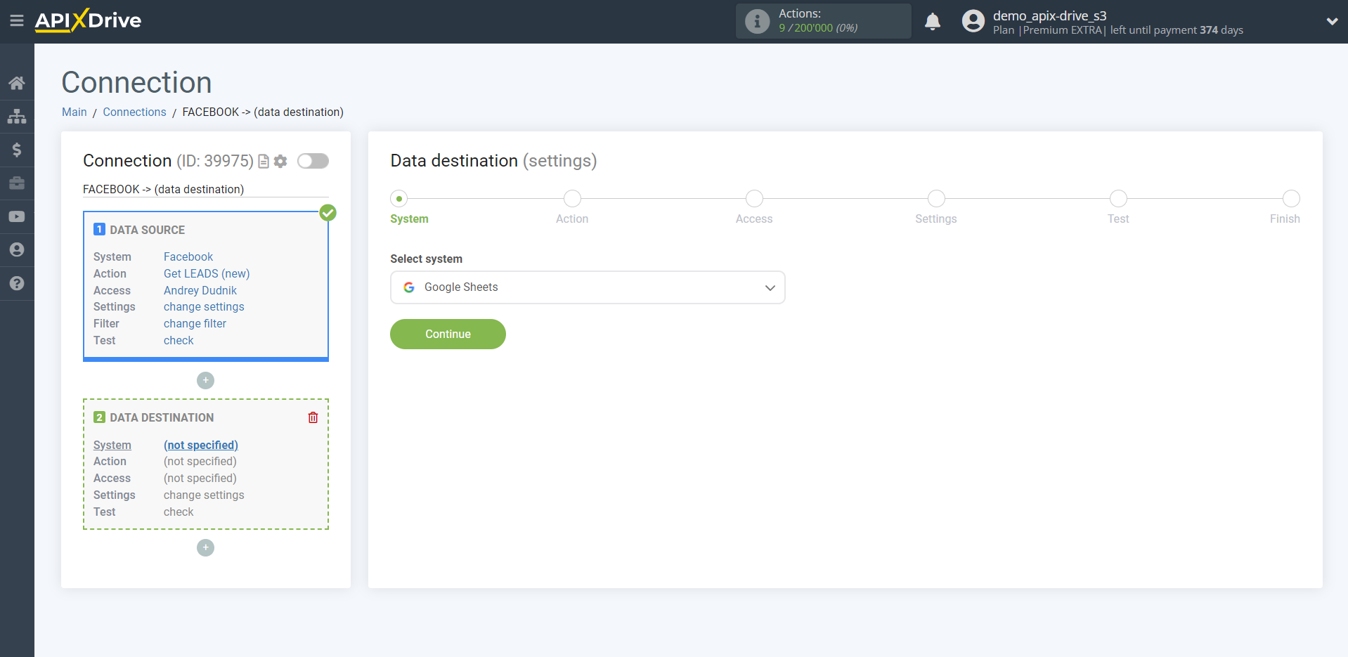 How to Connect Google Sheets as Data Destination | System selection