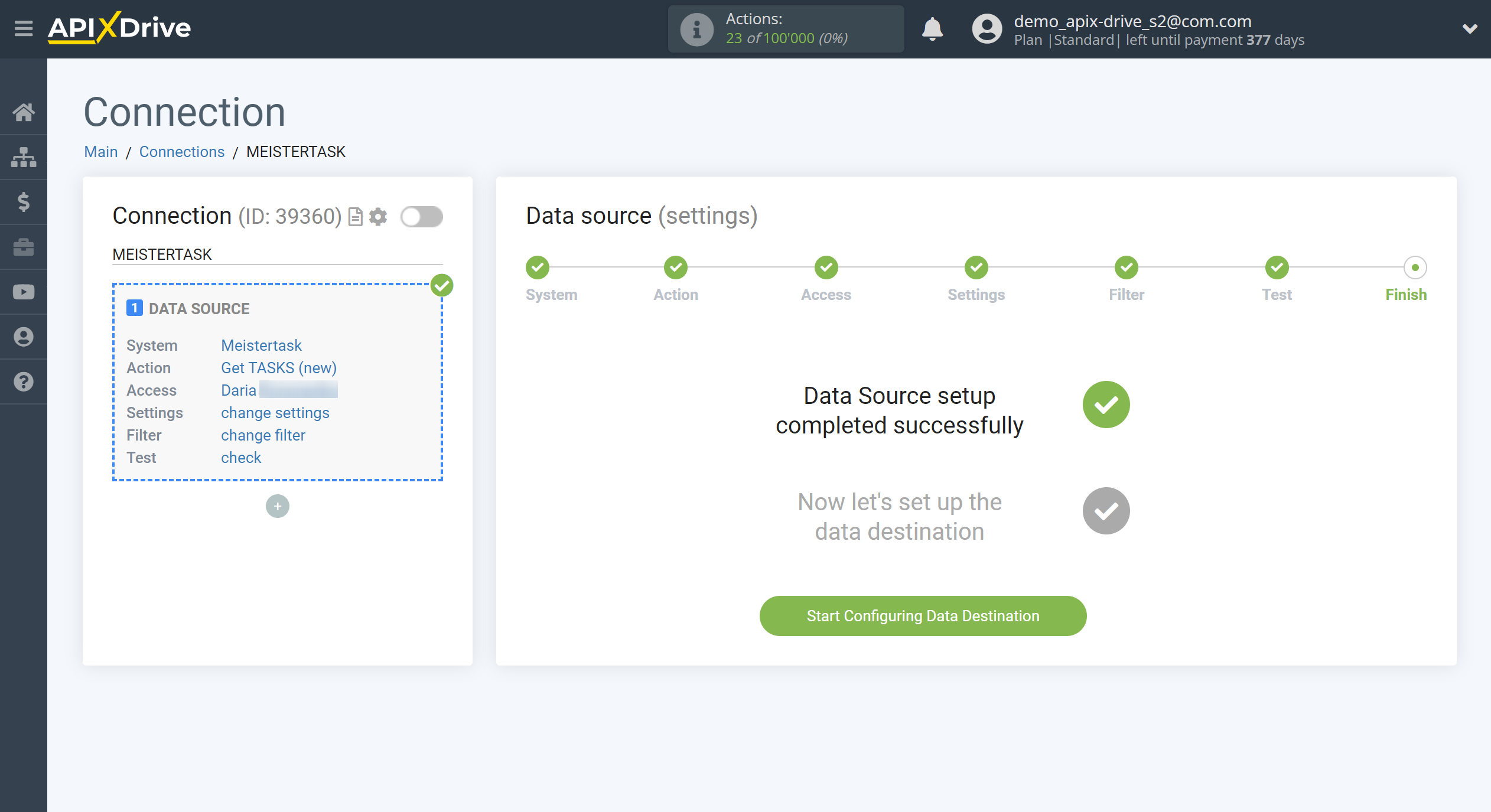 How to Connect MeisterTask as Data Source | Go to the Data Destination setup