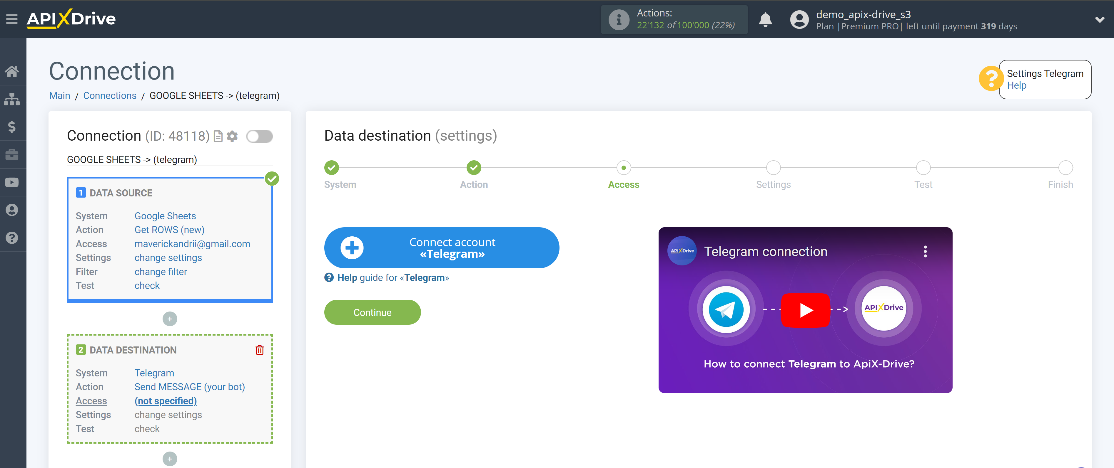 How to Connect Telegram as Data Destination |&nbsp;Connecting a data destination system account