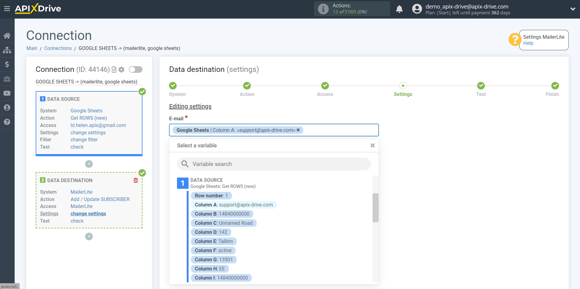 How to Connect MailerLite as Data Destination | Assigning fields