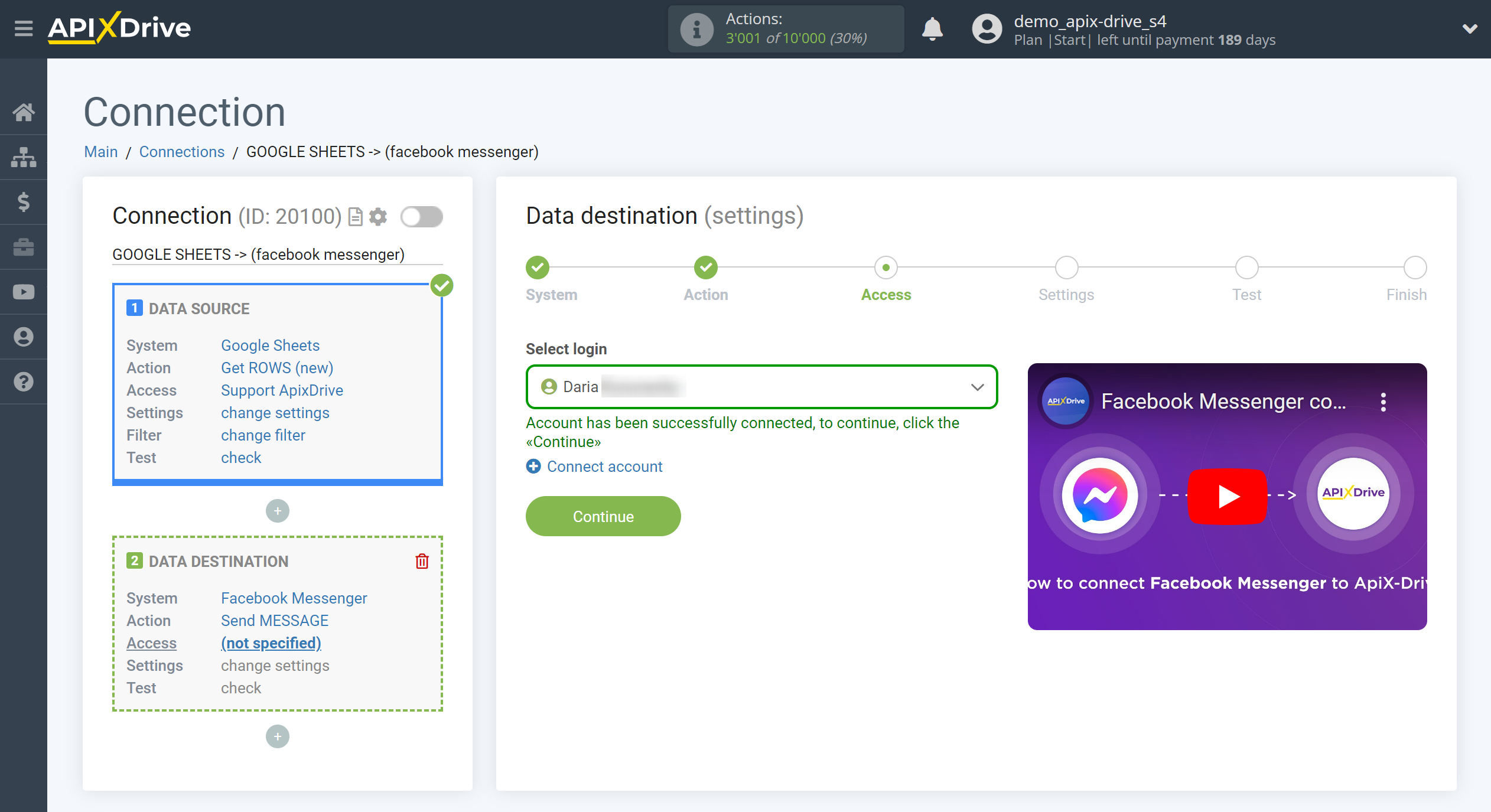 How to Connect Facebook Messenger as Data Destination | Account selection